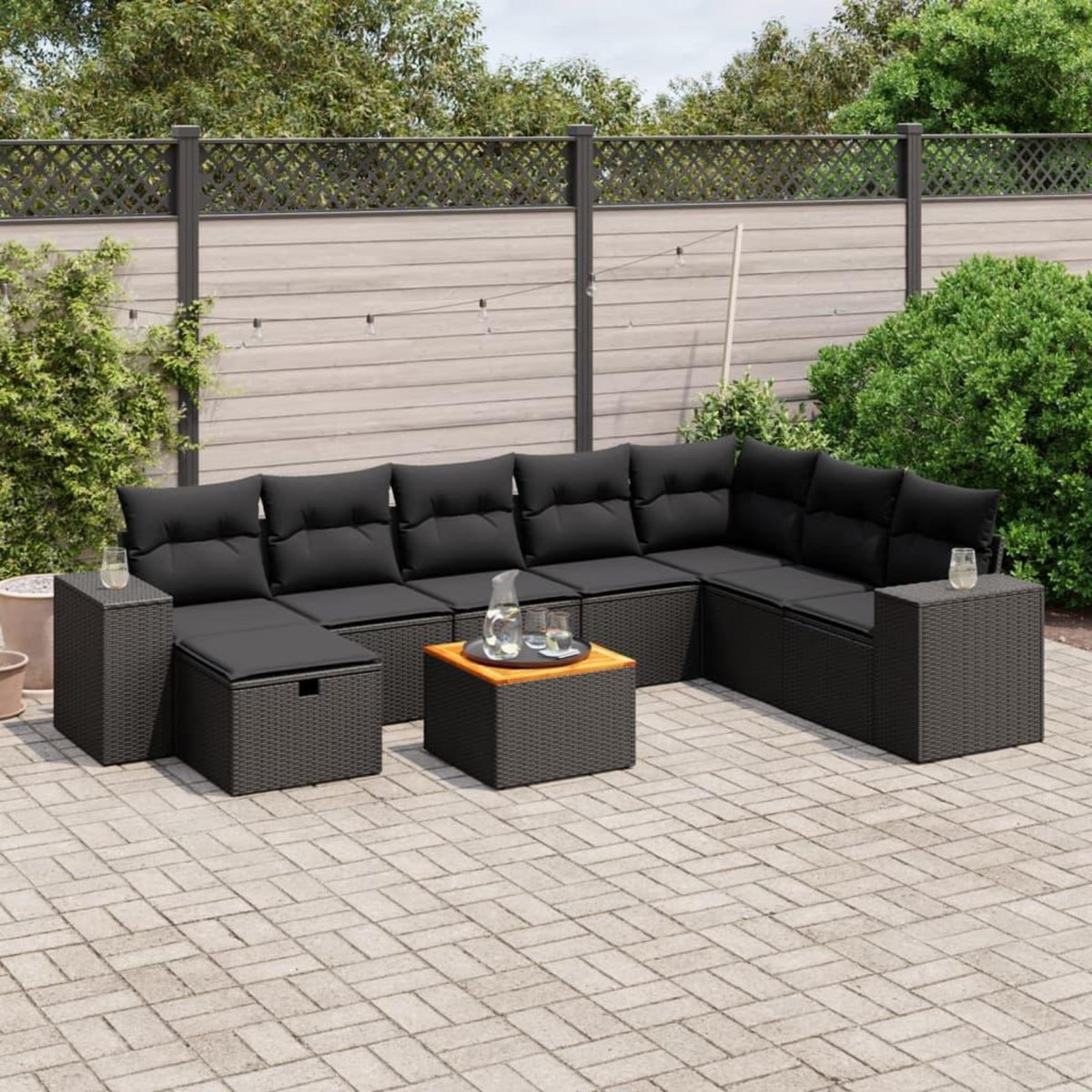 VIDAXL Salon de jardin 9 pcs avec coussins noir resine tressee