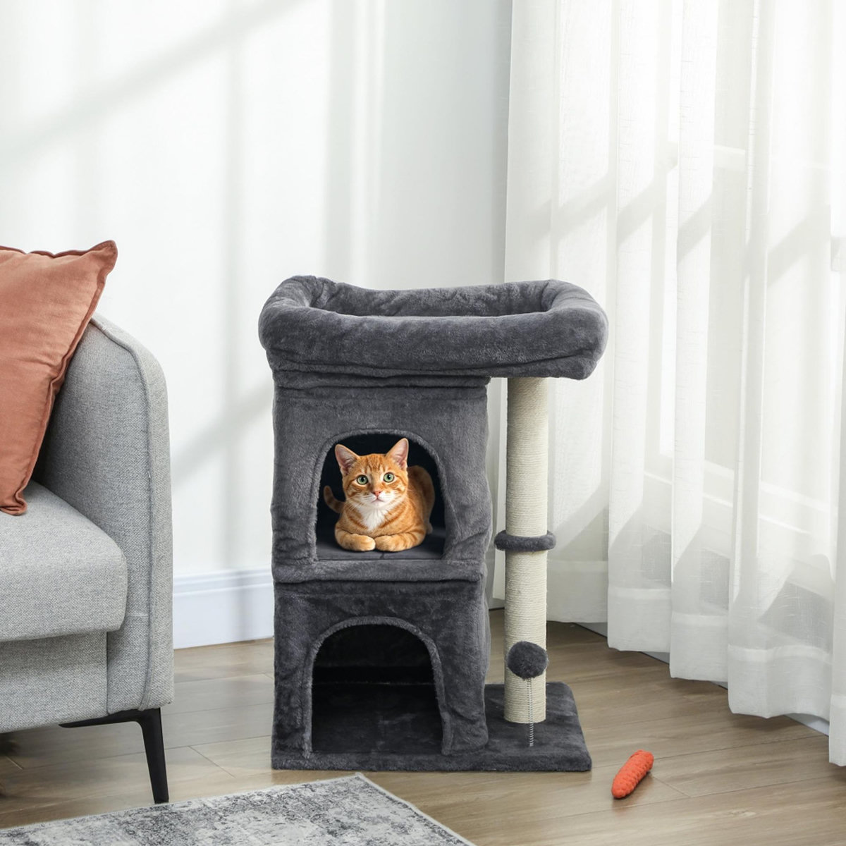 PAWHUT Arbre à chat griffoir 2 niches grande plateforme panier d'observation boule ressort gris