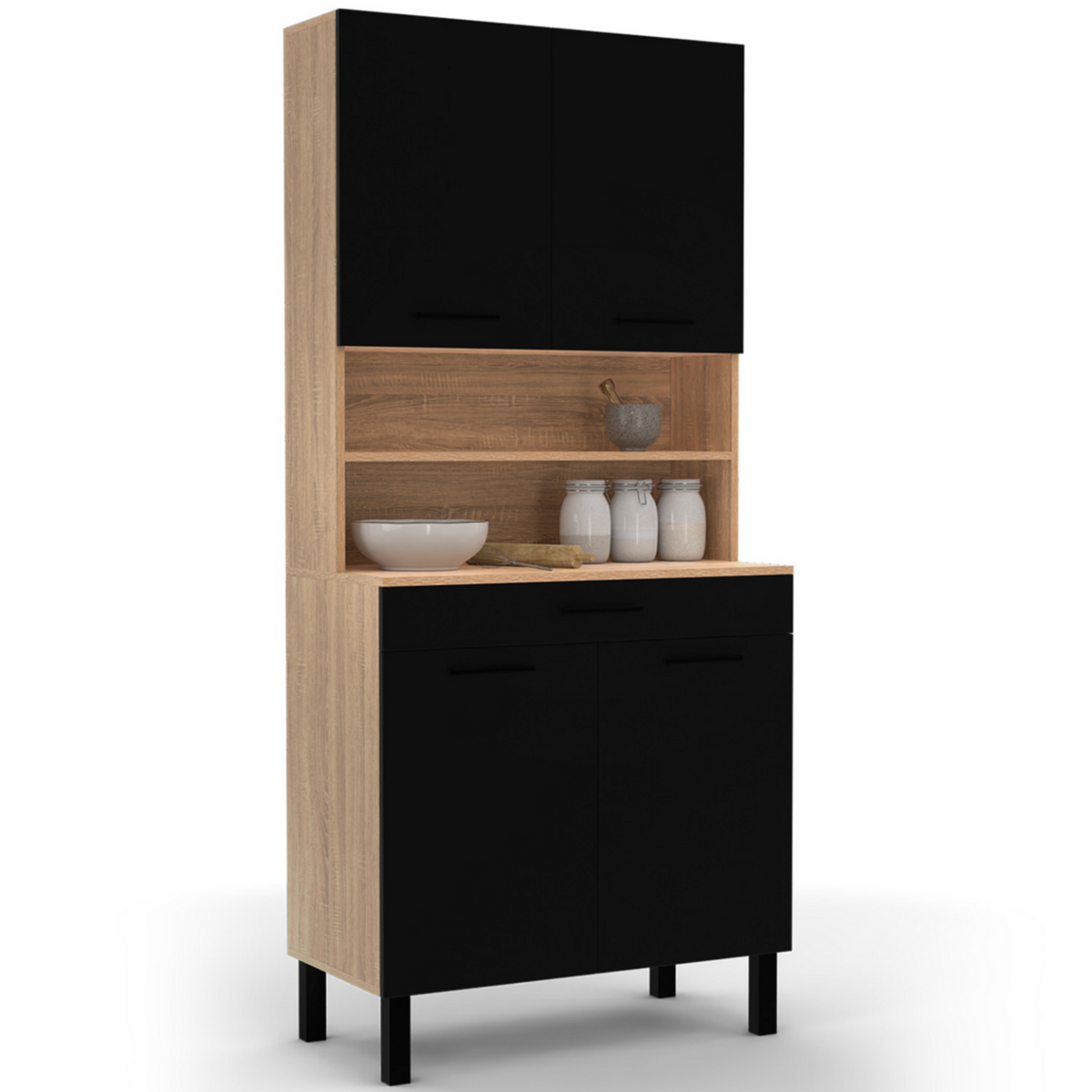 ID MARKET Buffet de cuisine 80 CM CINA 4 portes + tiroir façon hêtre et noir