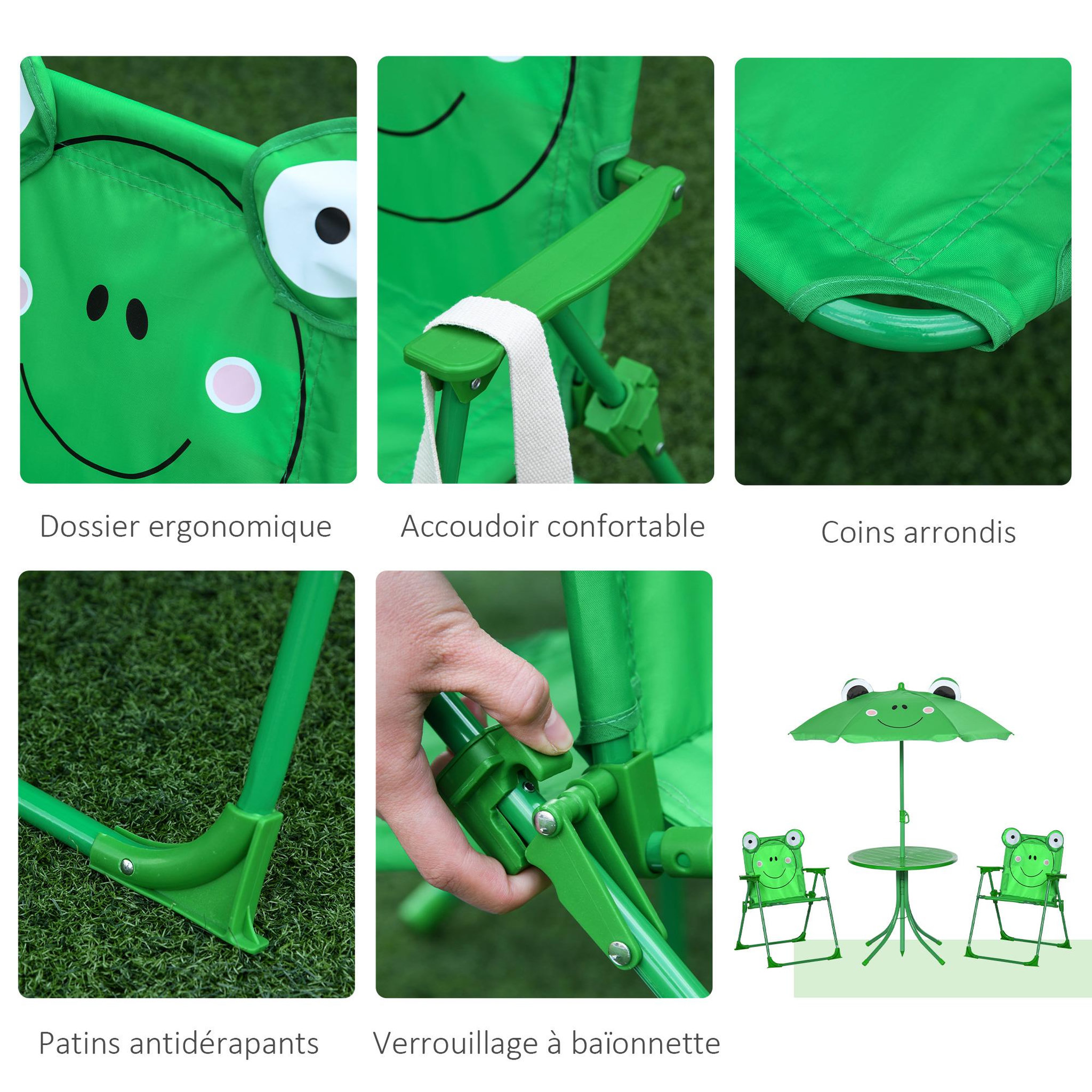 Voir la diapositive 6 : OUTSUNNY Ensemble salon de jardin enfant 4 pcs design grenouille - table ronde + 2 chaises pliables + parasol - métal époxy oxford vert