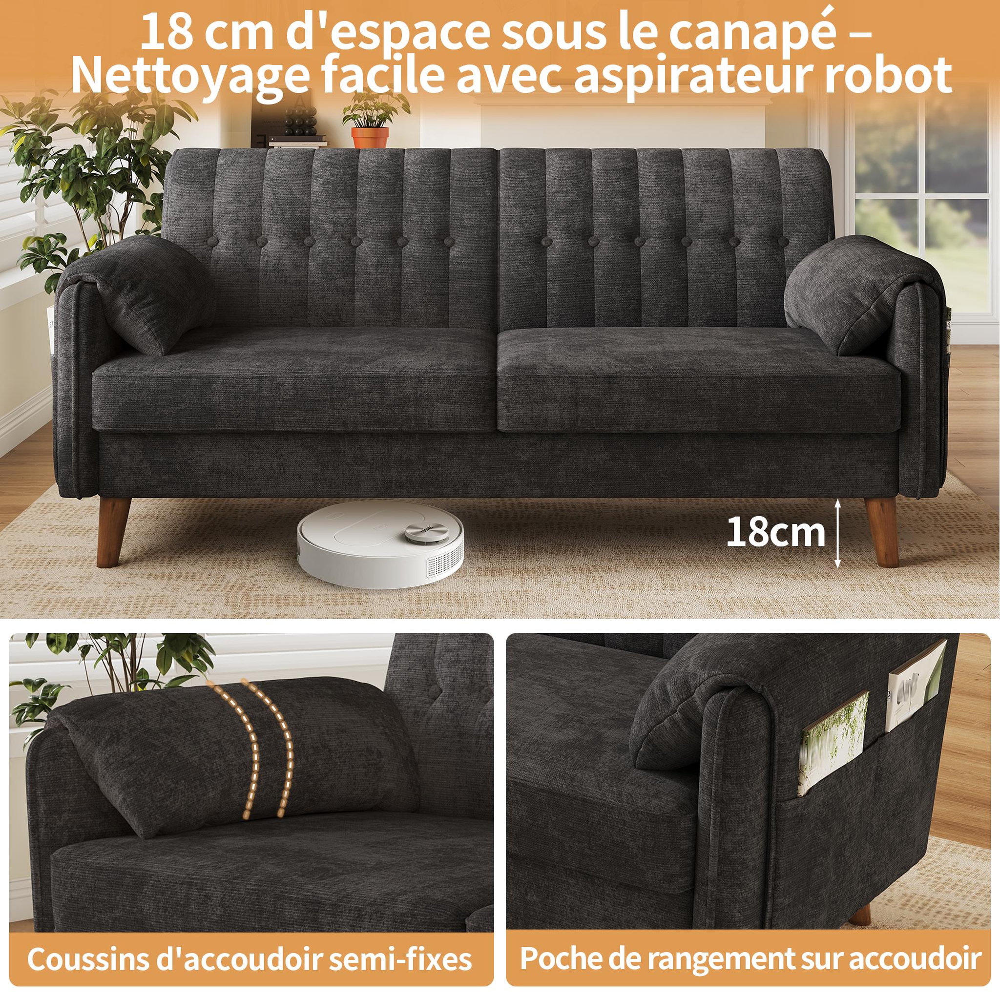 Voir la diapositive 5 : MERAX Canapé 2 places tissu chenille avec poches latérales et pieds en bois