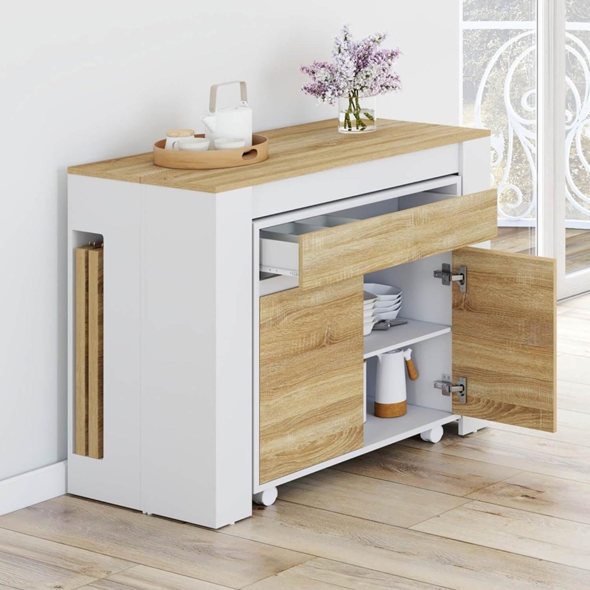 Voir la diapositive 3 : ID MARKET Table buffet extensible orlando 14 personnes 285 cm bois blanc façon hêtre