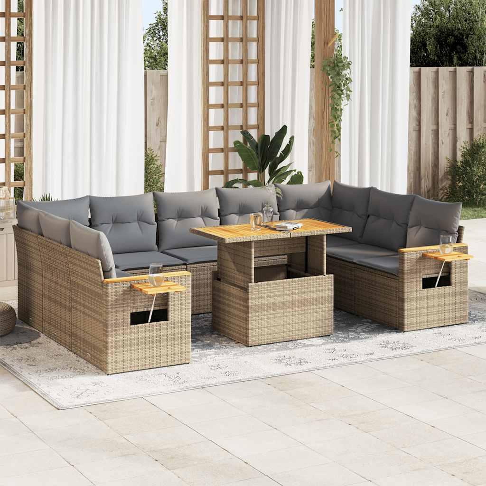 VIDAXL Salon de jardin avec coussins 10pcs beige resine tressee acacia