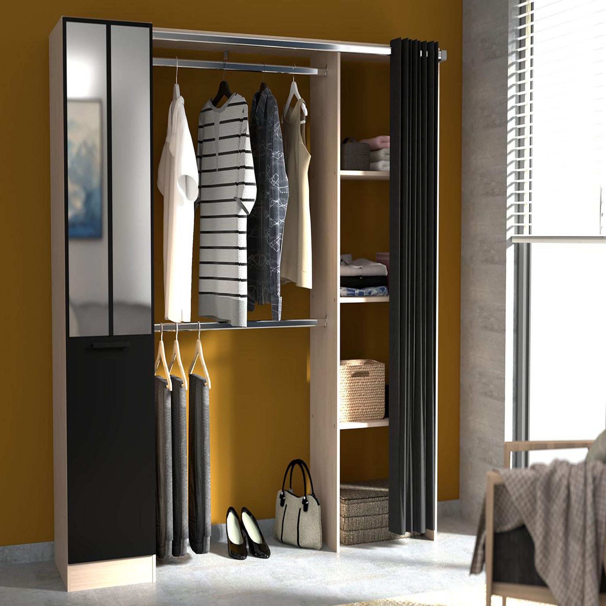 Voir la diapositive 2 : CONCEPT USINE Dressing industriel bois avec rideau noir et 2 penderies et 6 étagères NICE
