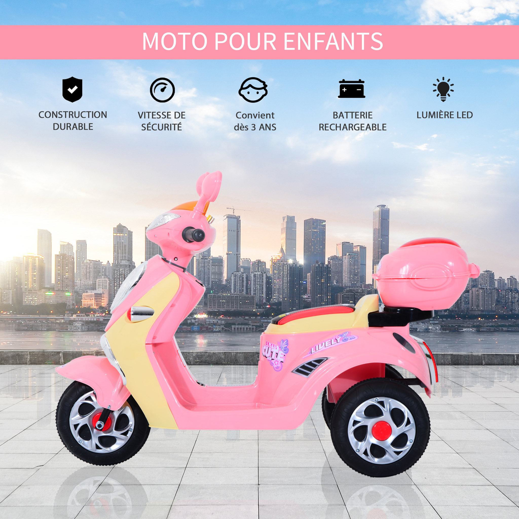 Voir la diapositive 5 : HOMCOM HOMCOM Moto scooter électrique pour enfants 6 V env. 3 Km/h 3 roues et topcase effet lumineux et sonore rose
