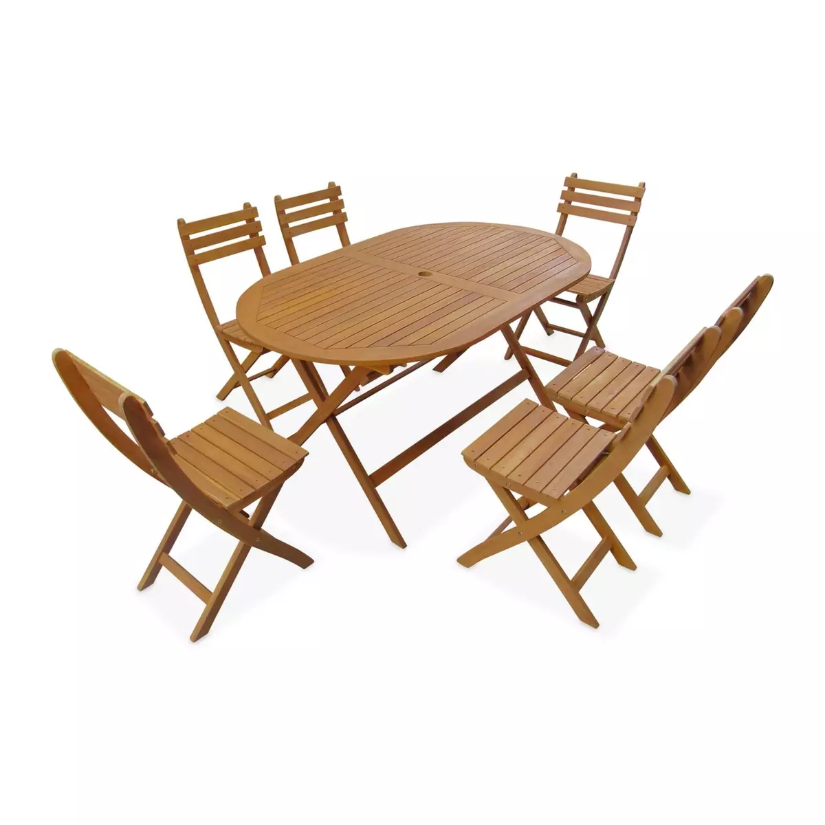 SWEEEK Table de jardin pliable 150cm en bois d'acacia déjà huilé. forme ovale avec 6 chaises pliables