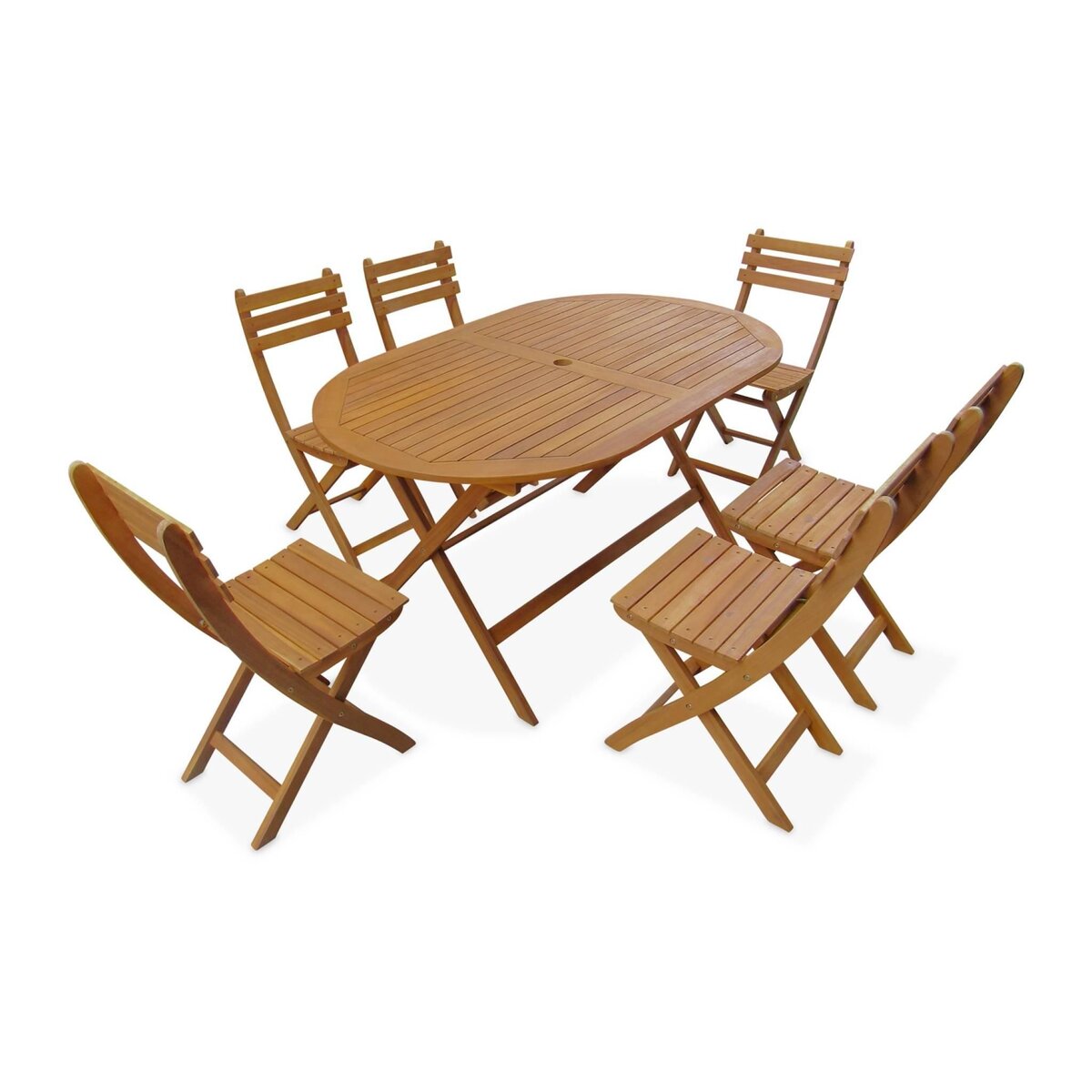SWEEEK Table de jardin pliable 150cm en bois d'acacia déjà huilé. forme ovale avec 6 chaises pliables