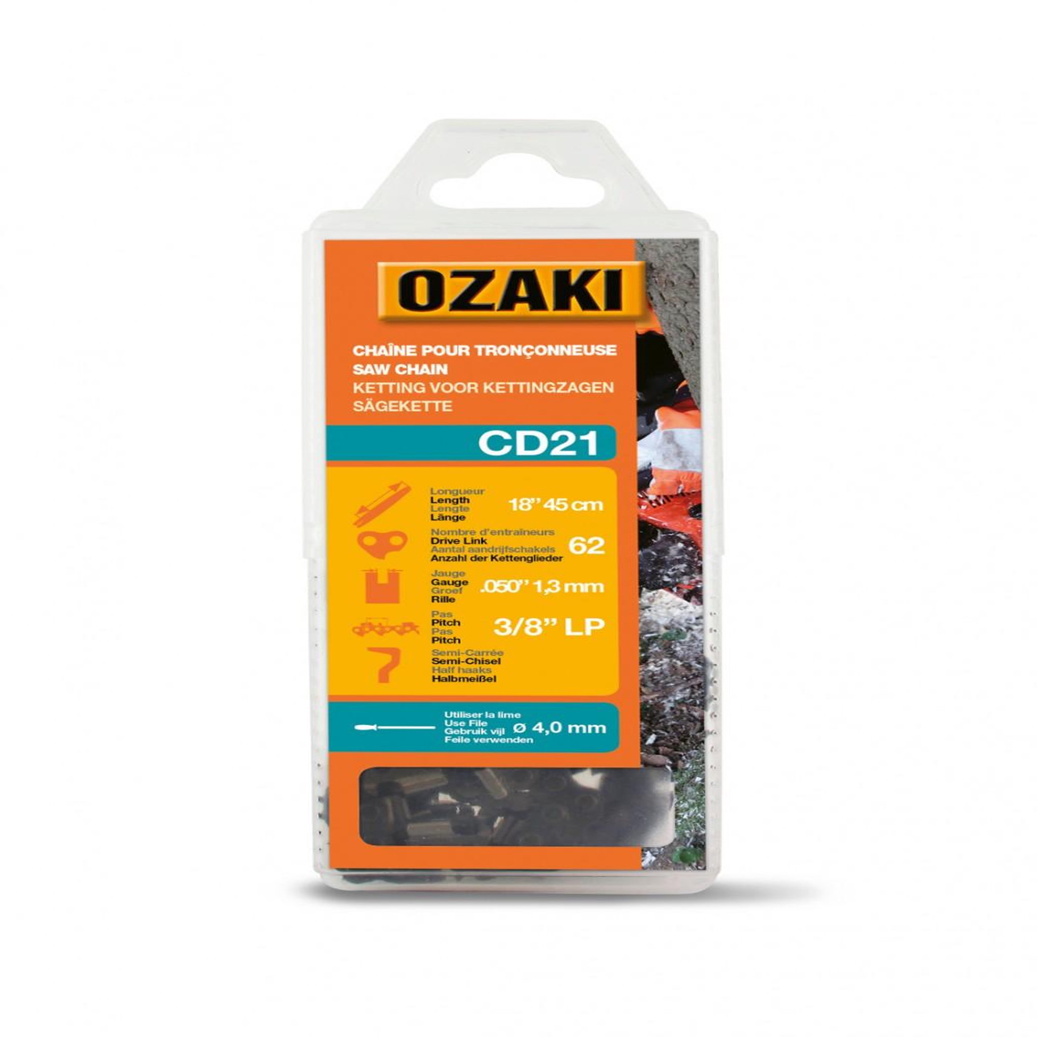 OzaKI Chaîne de tronçonneuse OZAKI semi carrée: .3/8 LP .050 (1,3mm) 62 entraîneurs