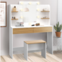 Voir la diapositive 2 : ID MARKET Coiffeuse ZELIA blanc et hêtre table de maquillage 4 étagères, miroir LED et tabouret