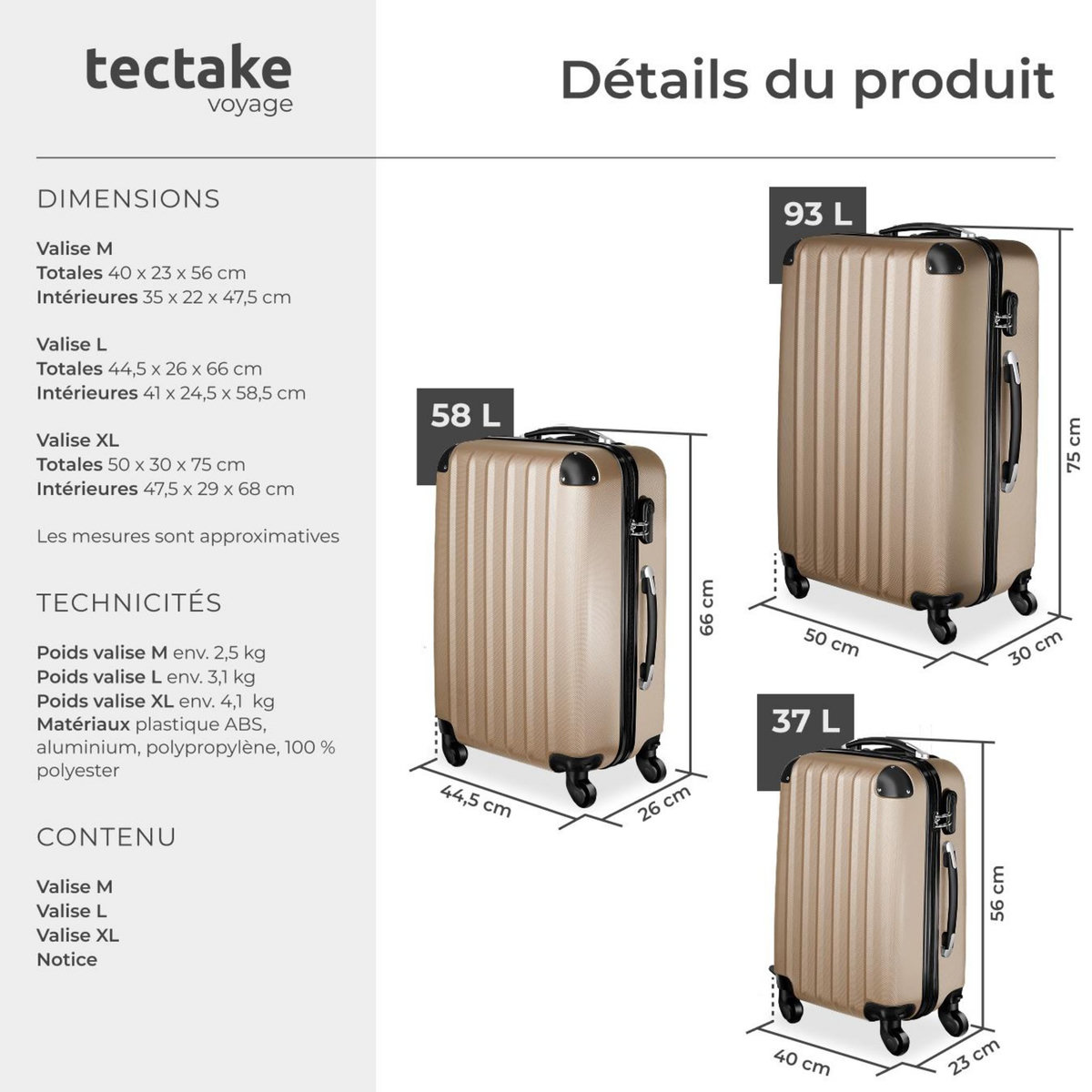 tectake Set de valises trolley rigides 3 parties en plastique ABS robuste champagne