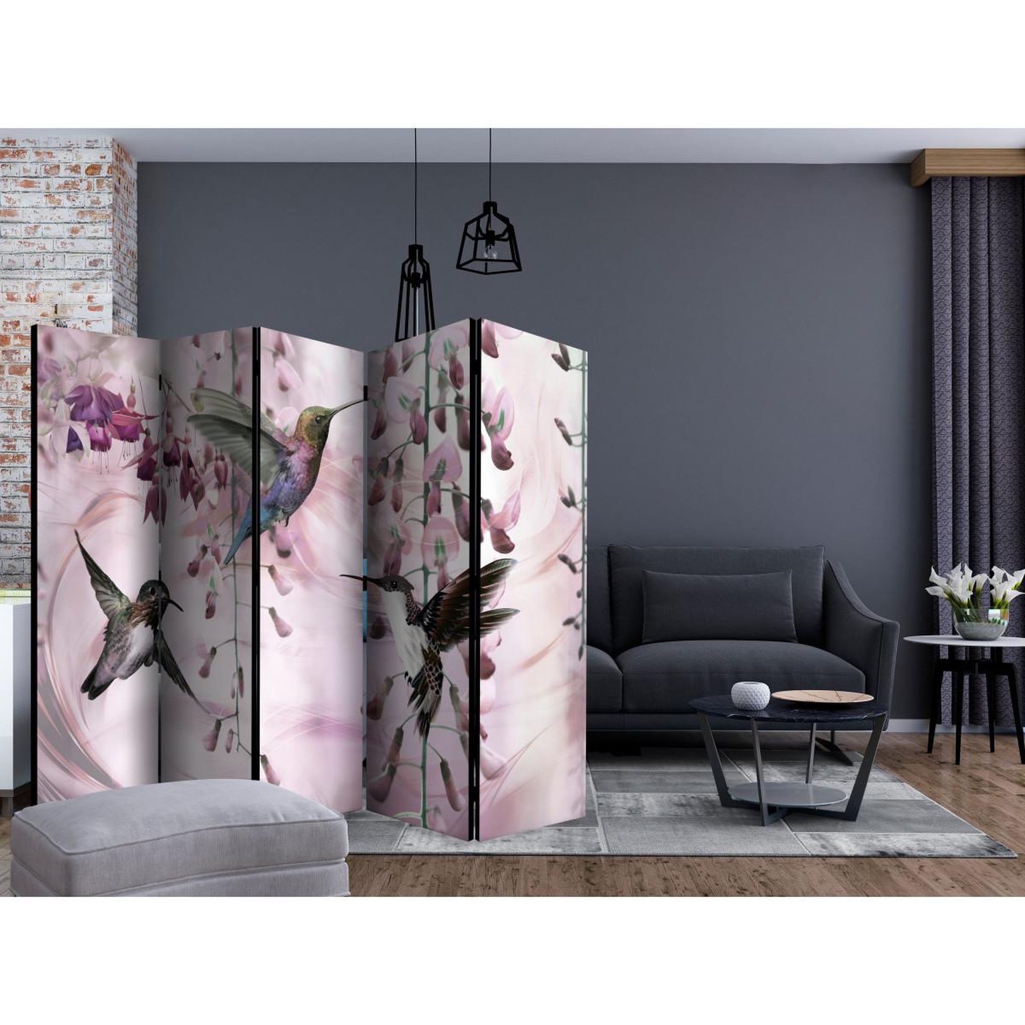 Voir la diapositive 2 : Paris Prix Paravent 5 volets  flying hummingbirds pink  172x225cm