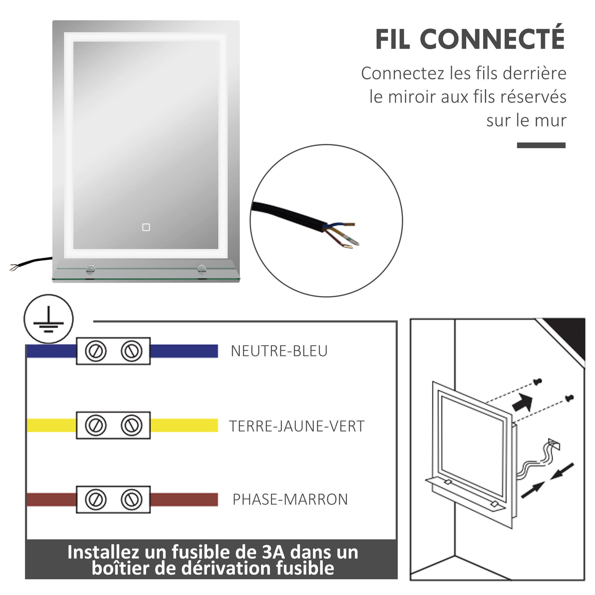 Voir la diapositive 6 : KLEANKIN Miroir lumineux led 20 w interrupteur tactile étagère intégrée 50l x 12l x 70h cm