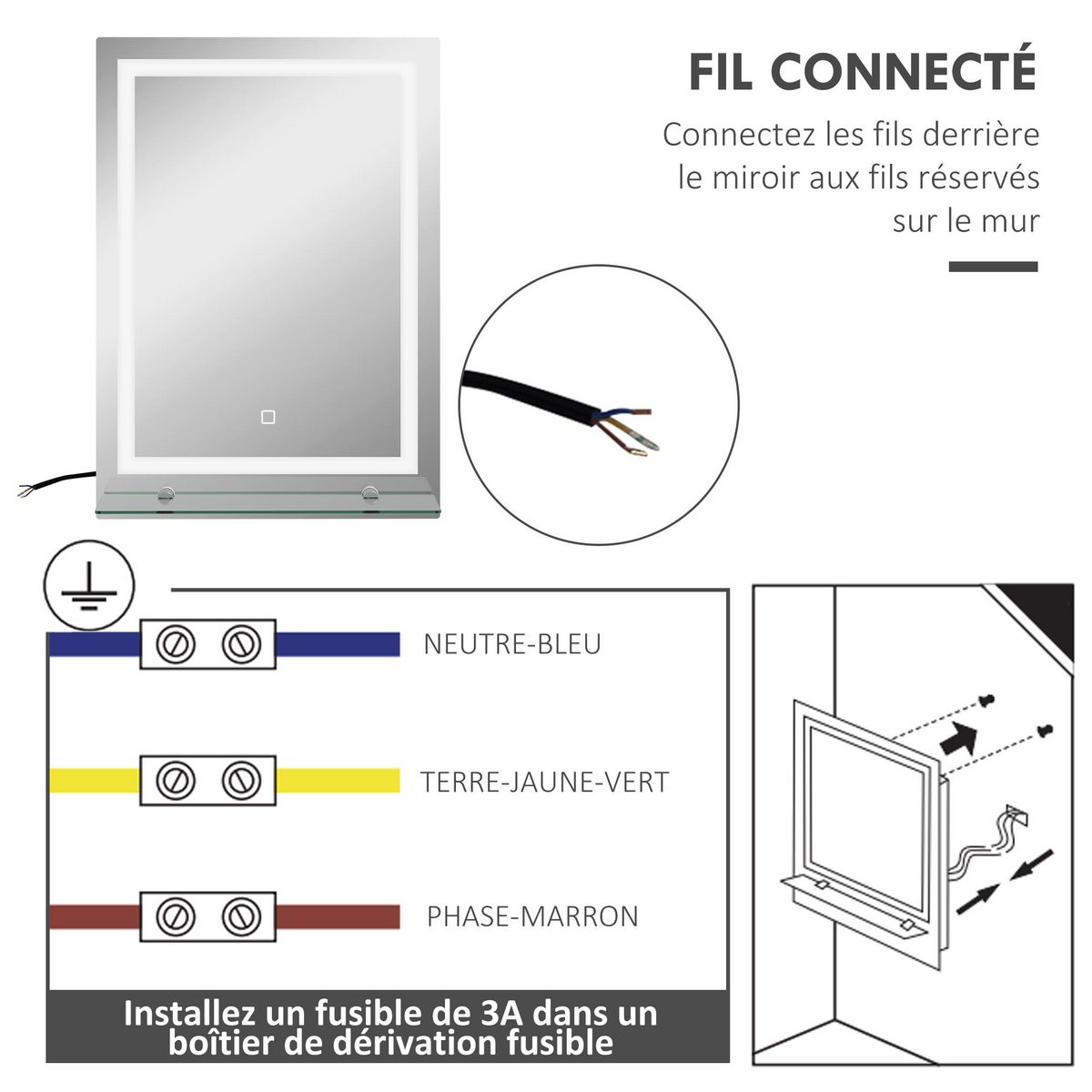KLEANKIN Miroir lumineux LED 20 W interrupteur tactile étagère intégrée 50L x 12l x 70H cm