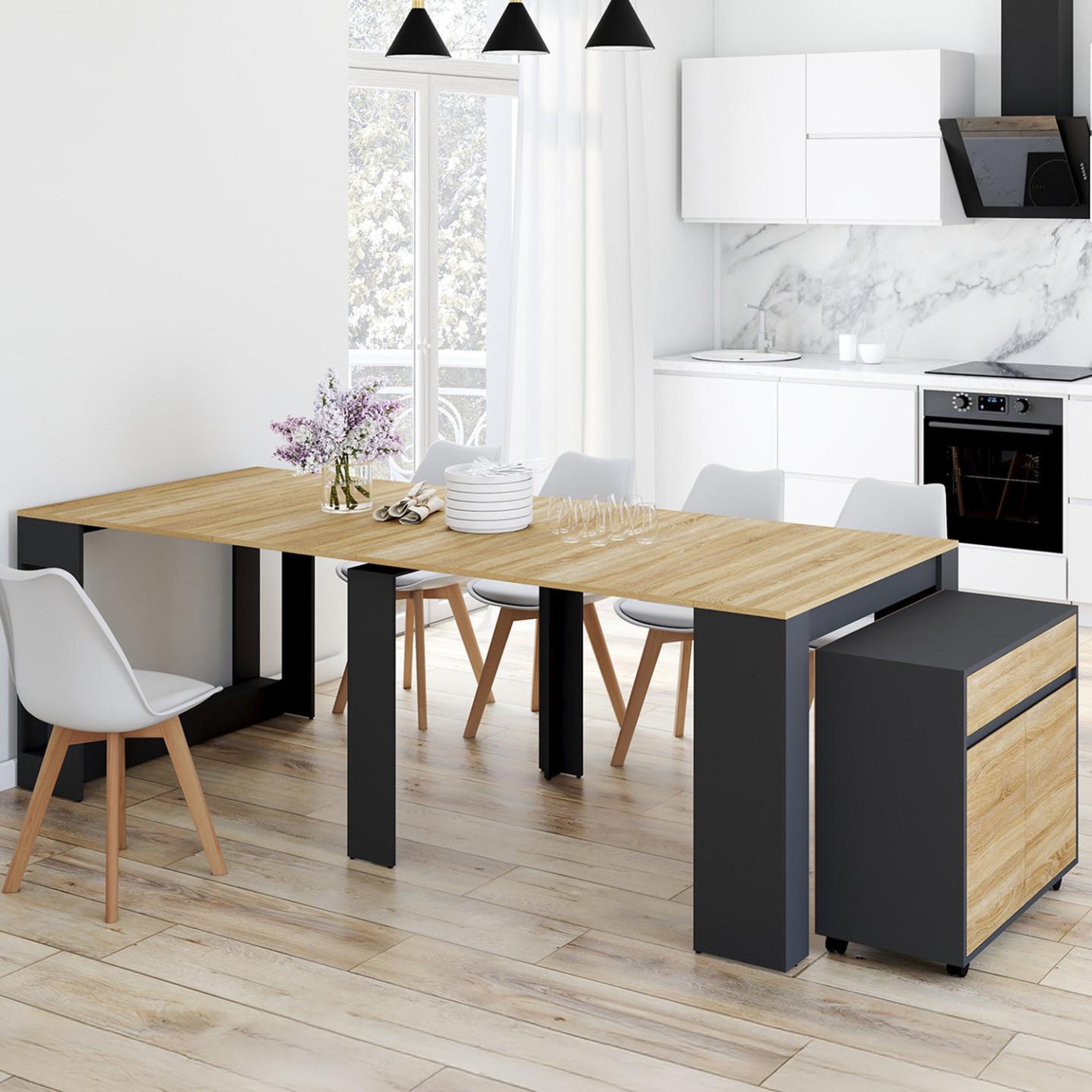 Voir la diapositive 2 : ID MARKET Table buffet extensible orlando 10 personnes 235 cm bois noir et façon hêtre