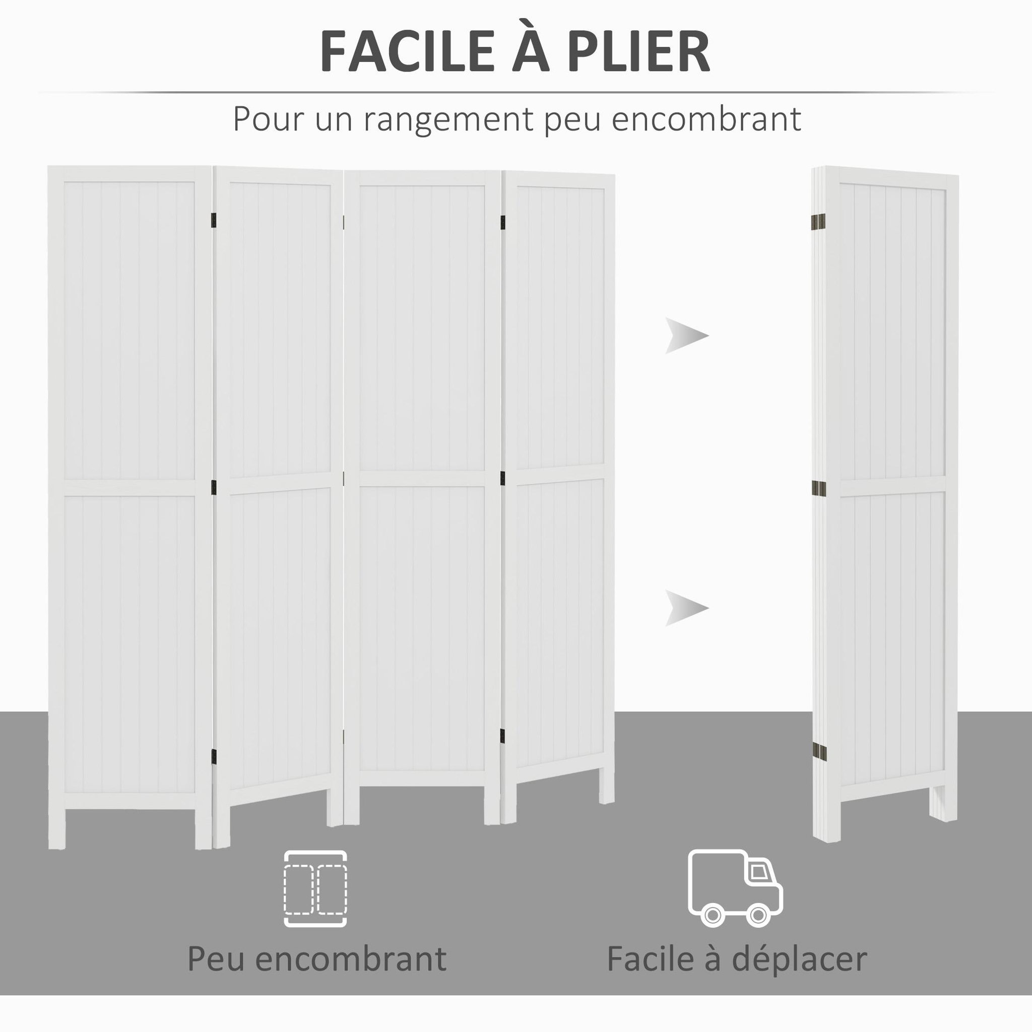 Voir la diapositive 6 : HOMCOM Paravent intérieur 4 panneaux style rustique chic - séparateur de pièce avec rainures verticales - bois de paulownia blanc