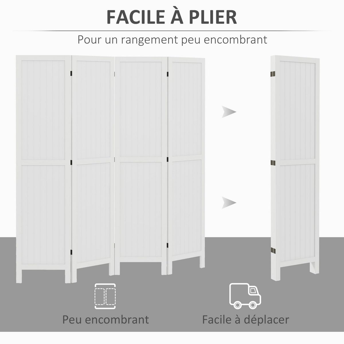 HOMCOM Paravent intérieur 4 panneaux style rustique chic - séparateur de pièce avec rainures verticales - bois de paulownia blanc