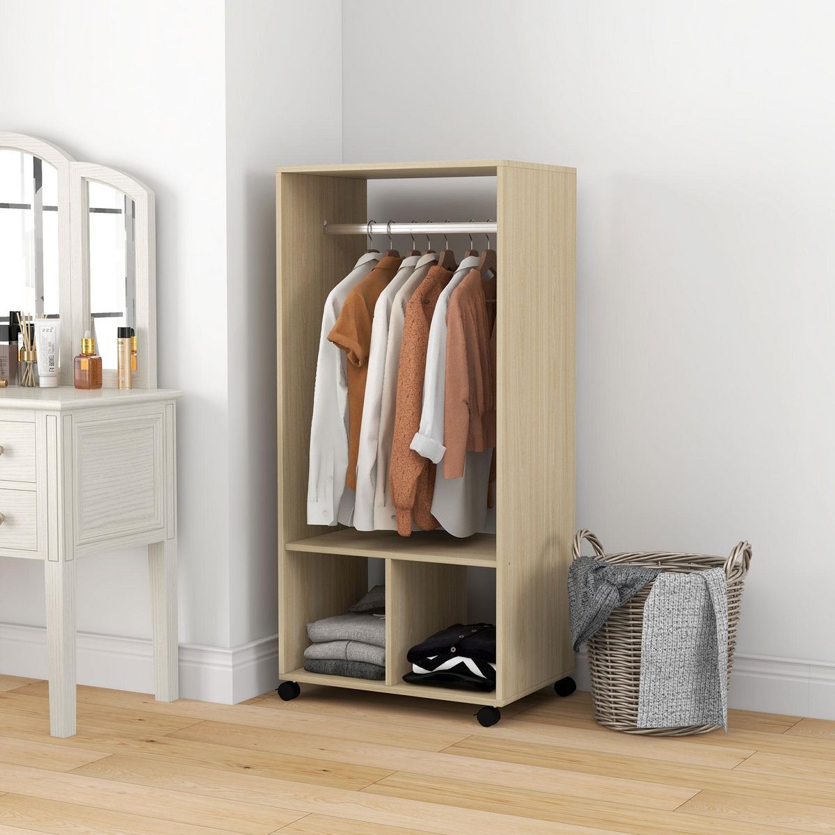 HOMCOM Armoire penderie étagère 2 niches penderie 4 roulettes pivotantes dim. 60L x 40l x 128H cm coloris chêne clair