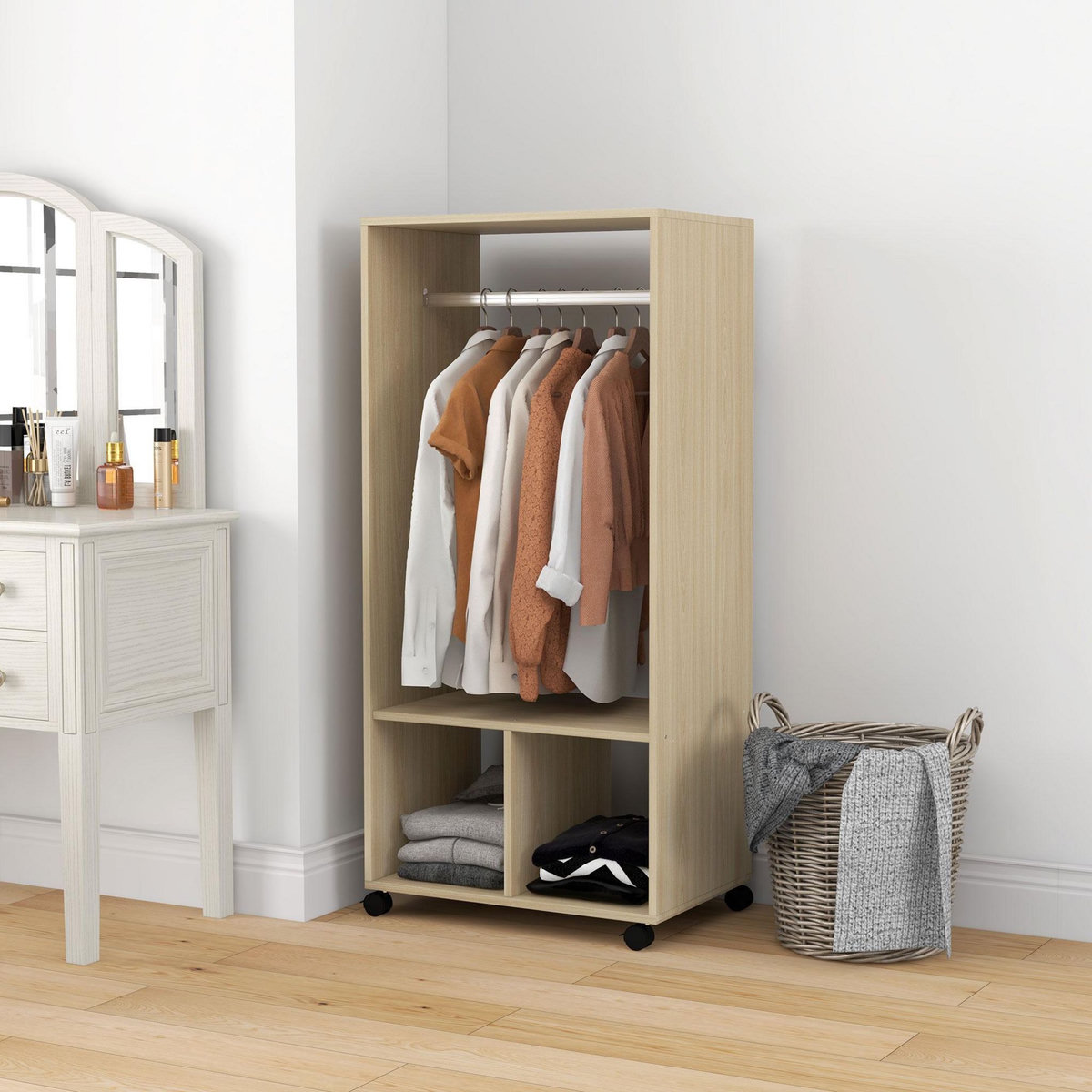 HOMCOM Armoire penderie étagère 2 niches penderie 4 roulettes pivotantes dim. 60L x 40l x 128H cm coloris chêne clair