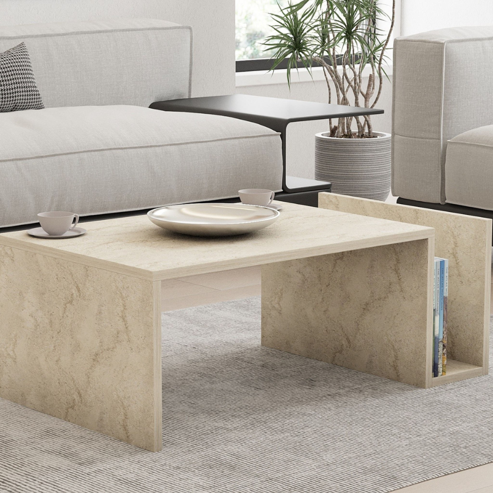 Voir la diapositive 6 : CONCEPT USINE Table basse en bois effet pierre avec porte magazines melmo