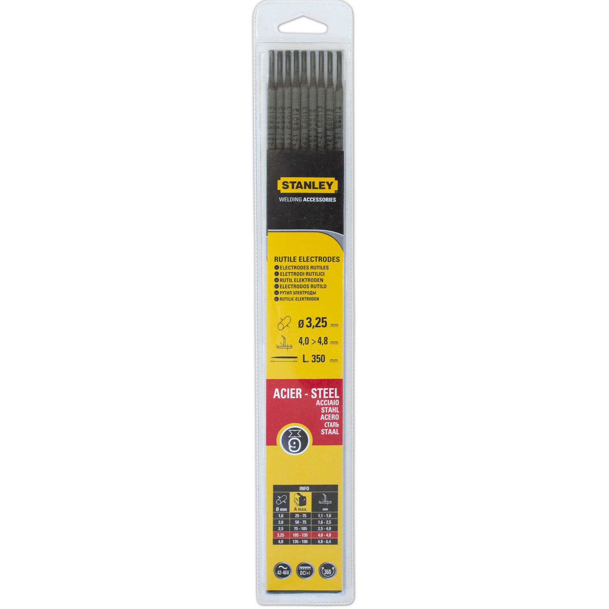 STANLEY Électrodes Acier Ø3.25mm x 350 - Lot de 9