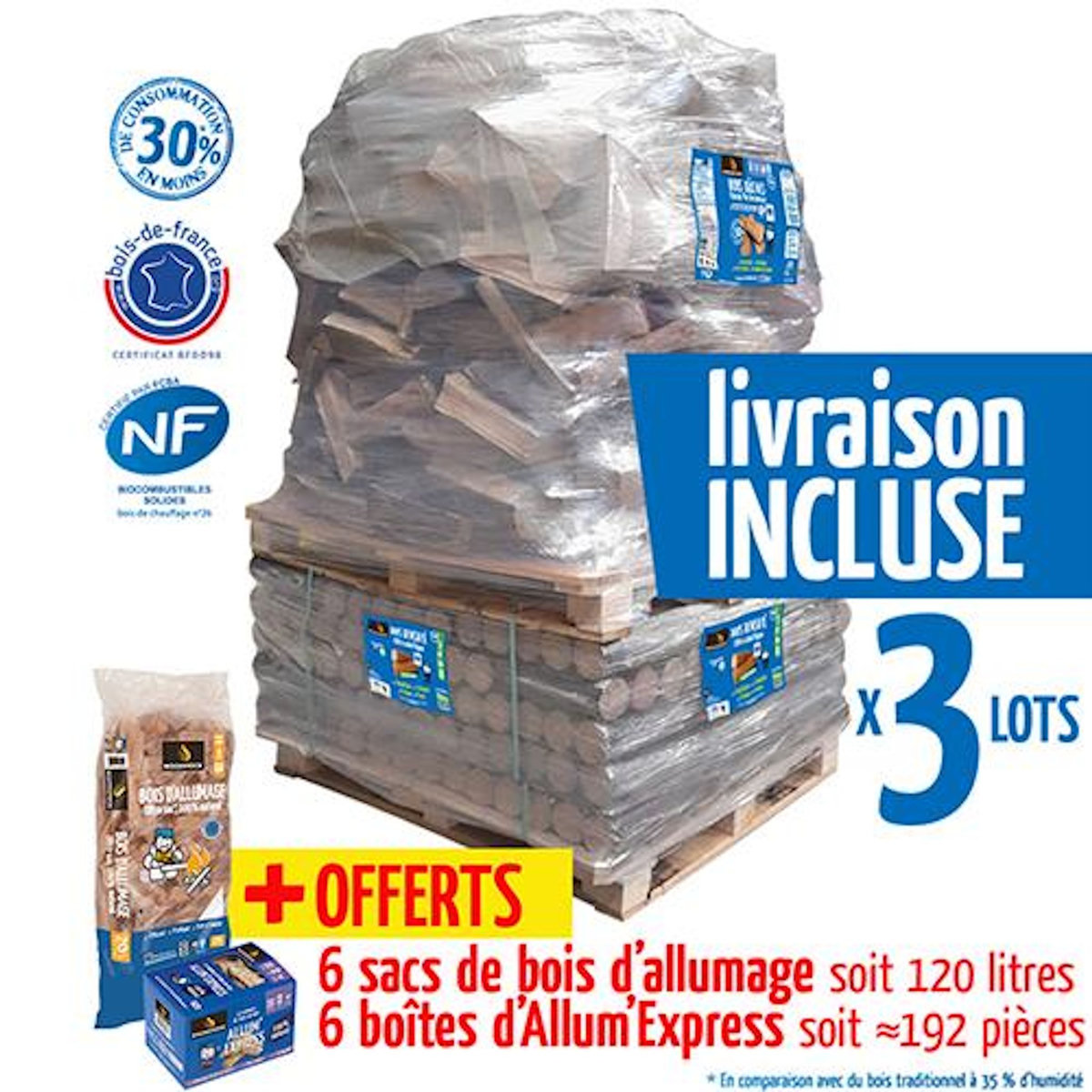 WOODSTOCK Lot de 3 Packs Découverte Woodstock soit 120 packs de bûches densifies + 3 900 dm de bûches 30 cm + allumage offert