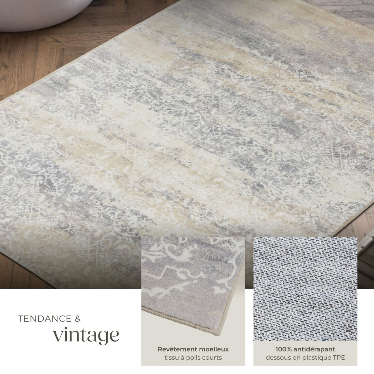 tectake Tapis design vintage à poils courts en laine synthétique et feutre beige 160 x 230 cm