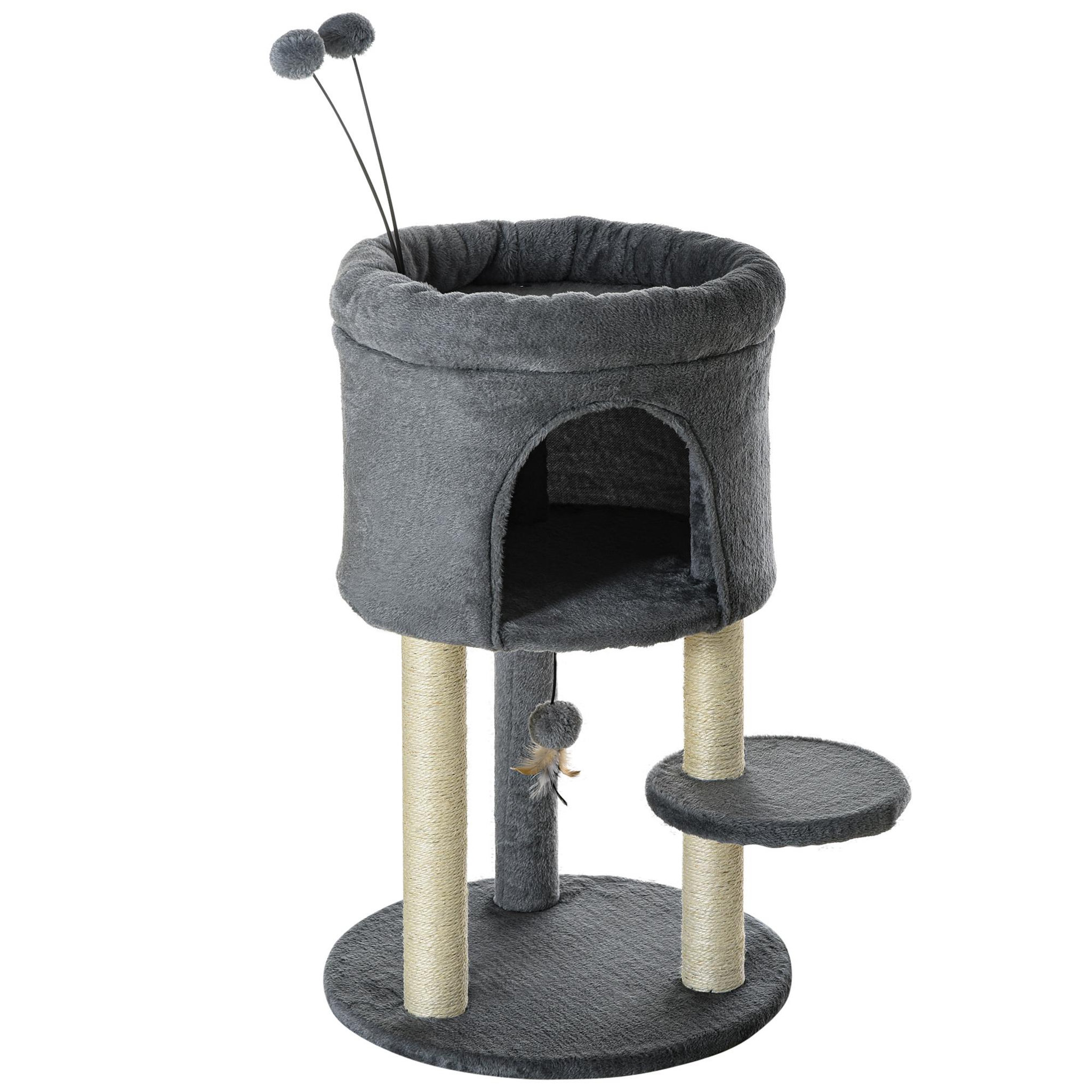Voir la diapositive 1 : PAWHUT Arbre à chat 2 griffoirs sisal naturel niche plateforme panier observation jeu boules peluche gris