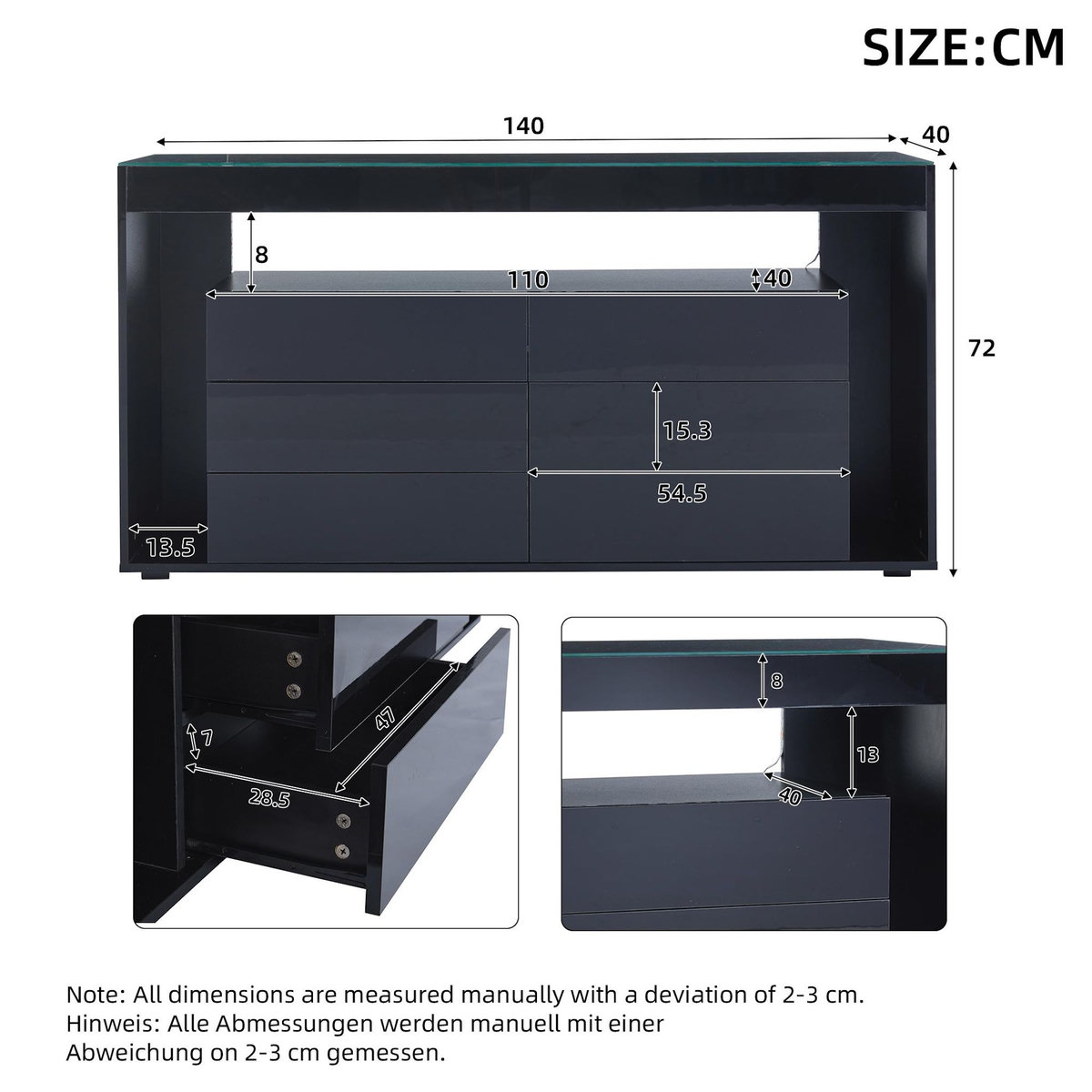 MERAX Buffet 0 porte(s) 6 tiroir(s) - 140 cm noir led panneaux de particules