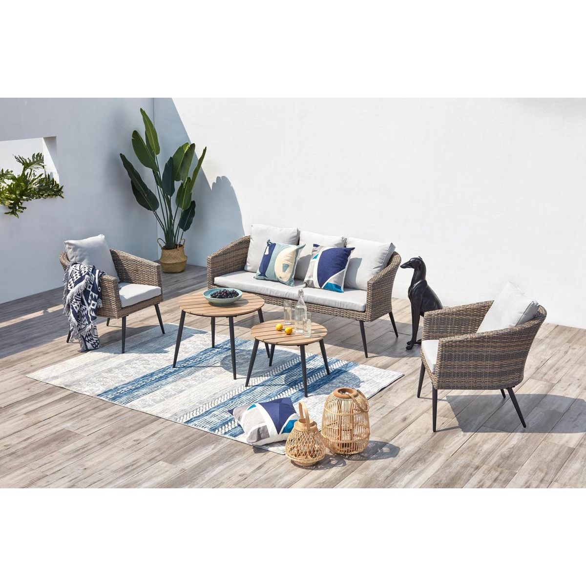 CONCEPT USINE Salon de jardin scandinave 5 places en résine effet rotin et noir TIBOUTA