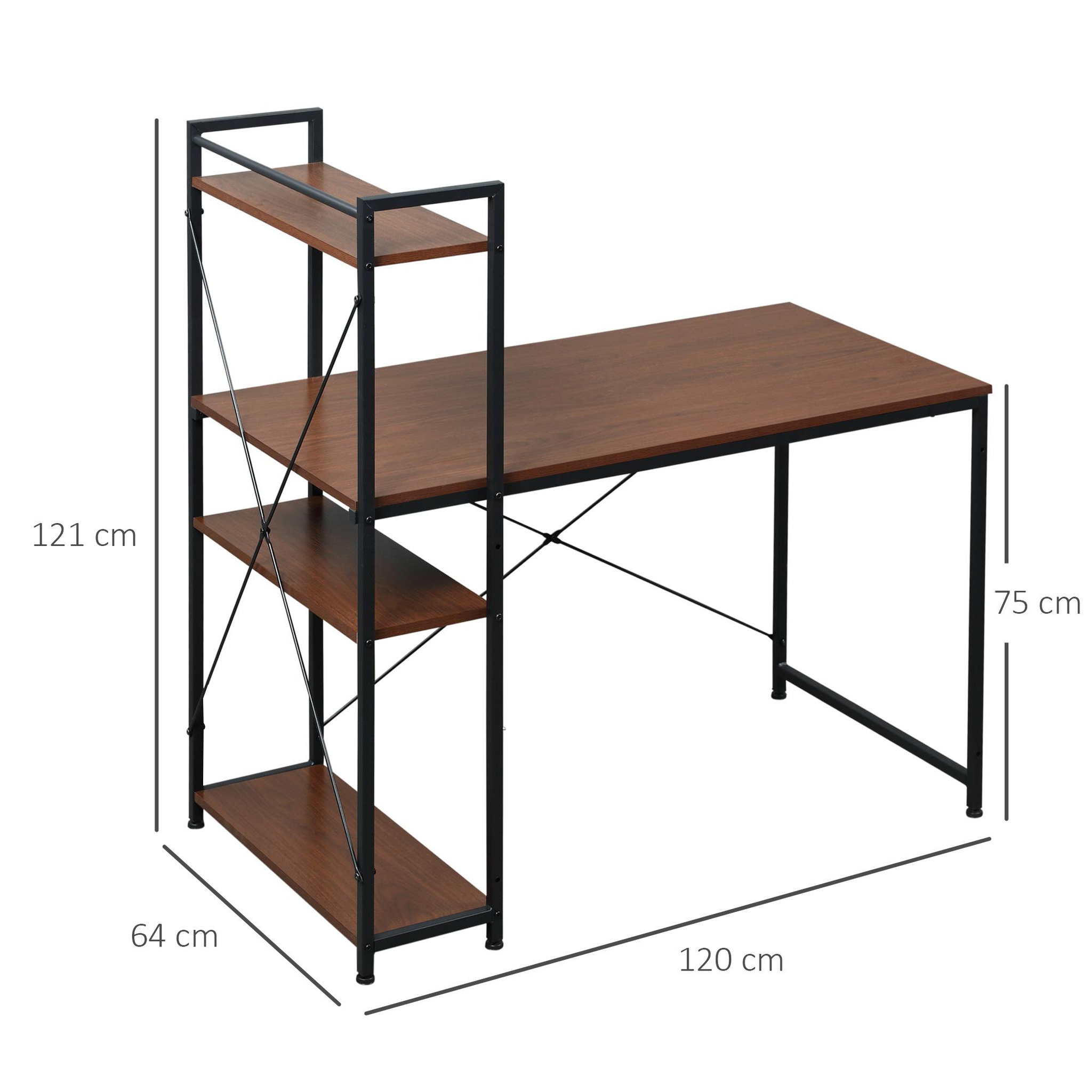 Voir la diapositive 3 : HOMCOM Bureau informatique design industriel avec bibliothèque 3 étagères panneaux particules aspect noyer métal noir