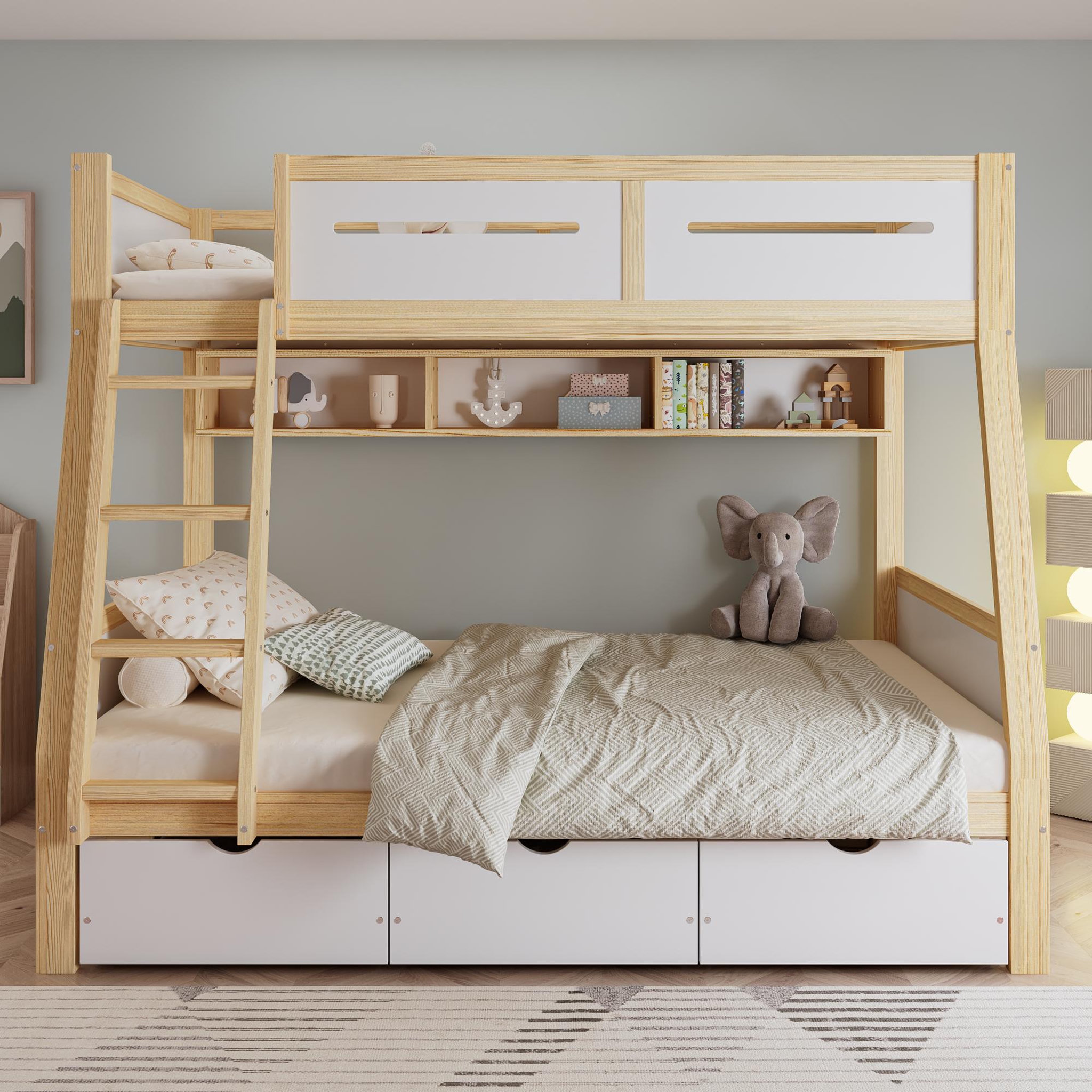 Voir la diapositive 2 : MERAX Lit superposé 120x200(90x200)cm coloris naturel+blanc pin et mdf