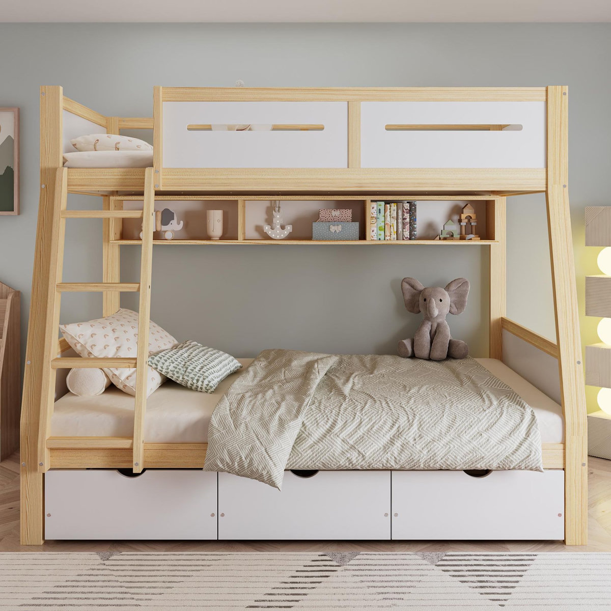 MERAX Lit superposé 120x200(90x200)cm coloris naturel+blanc pin et mdf