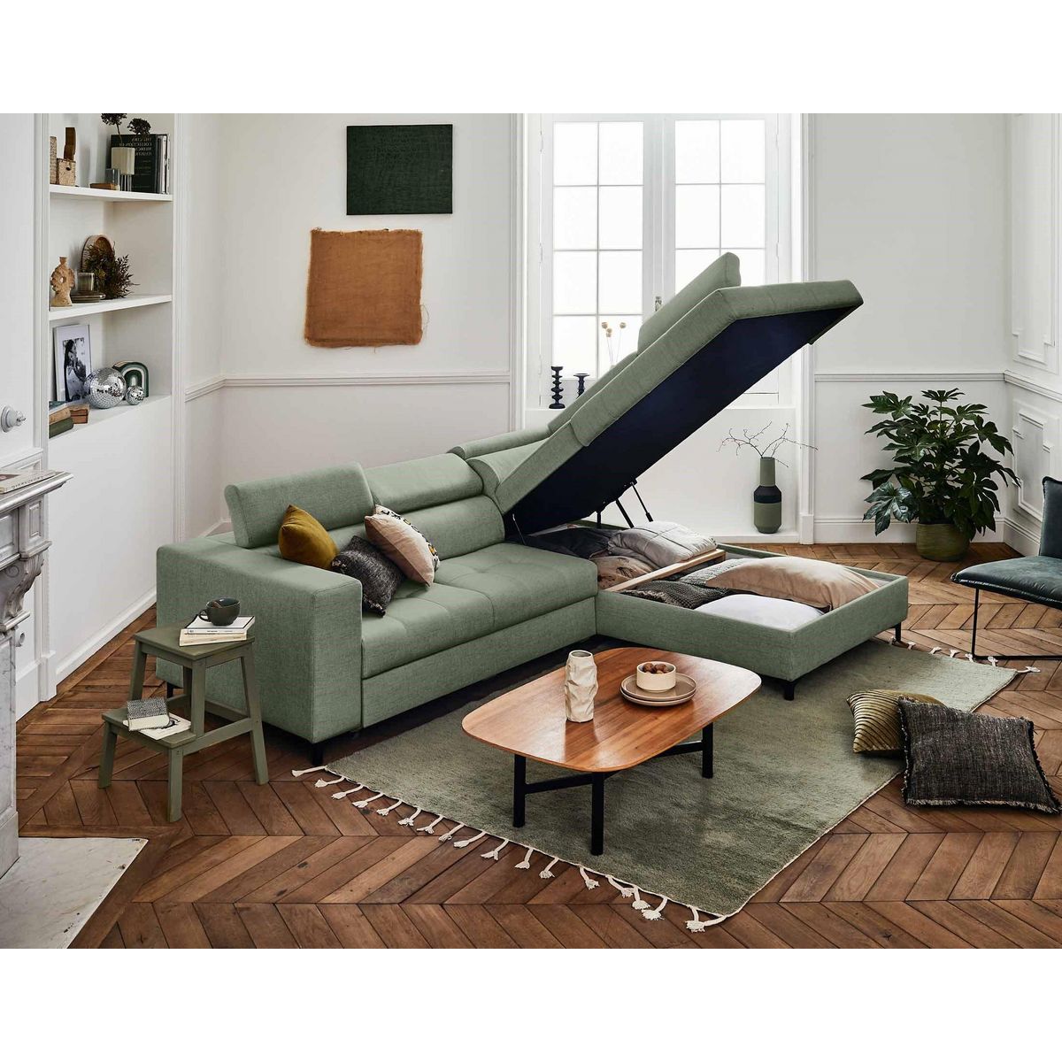 LISA DESIGN Olinda - canapé d'angle droit - 5 places - convertible avec coffre et têtières réglables - en tissu