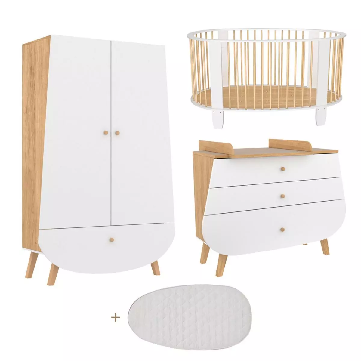 SONGES ET RIGOLADES Chambre complète lit bébé 60x120 commode à langer et armoire Cocon - Blanc et bois