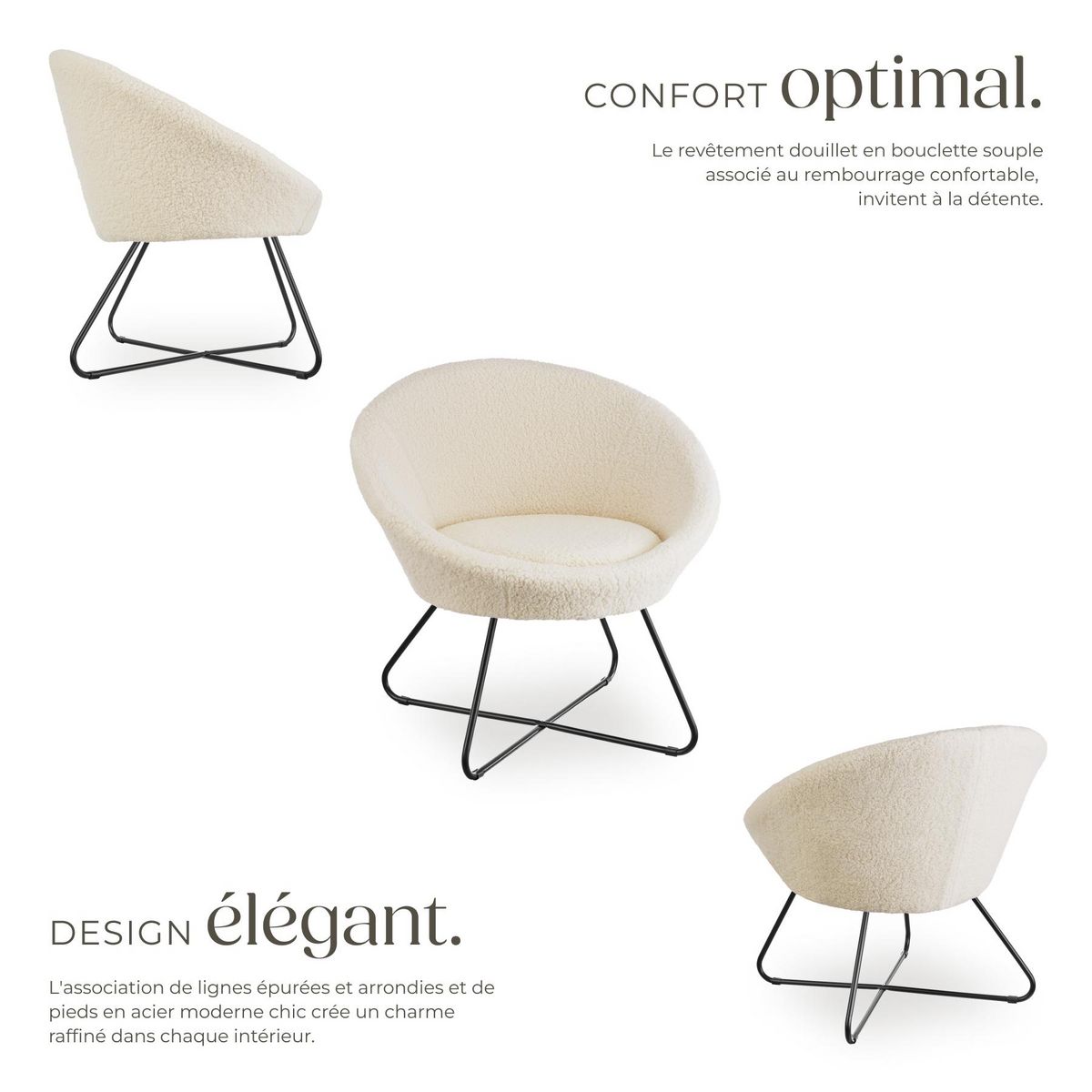 tectake Fauteuil cocktail rembourré avec revêtement en velours Bouclé blanc cassé