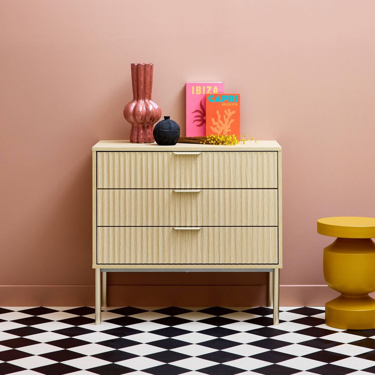 SWEEEK Commode effet bois rainuré et métal couleur champagne. 3 tiroirs