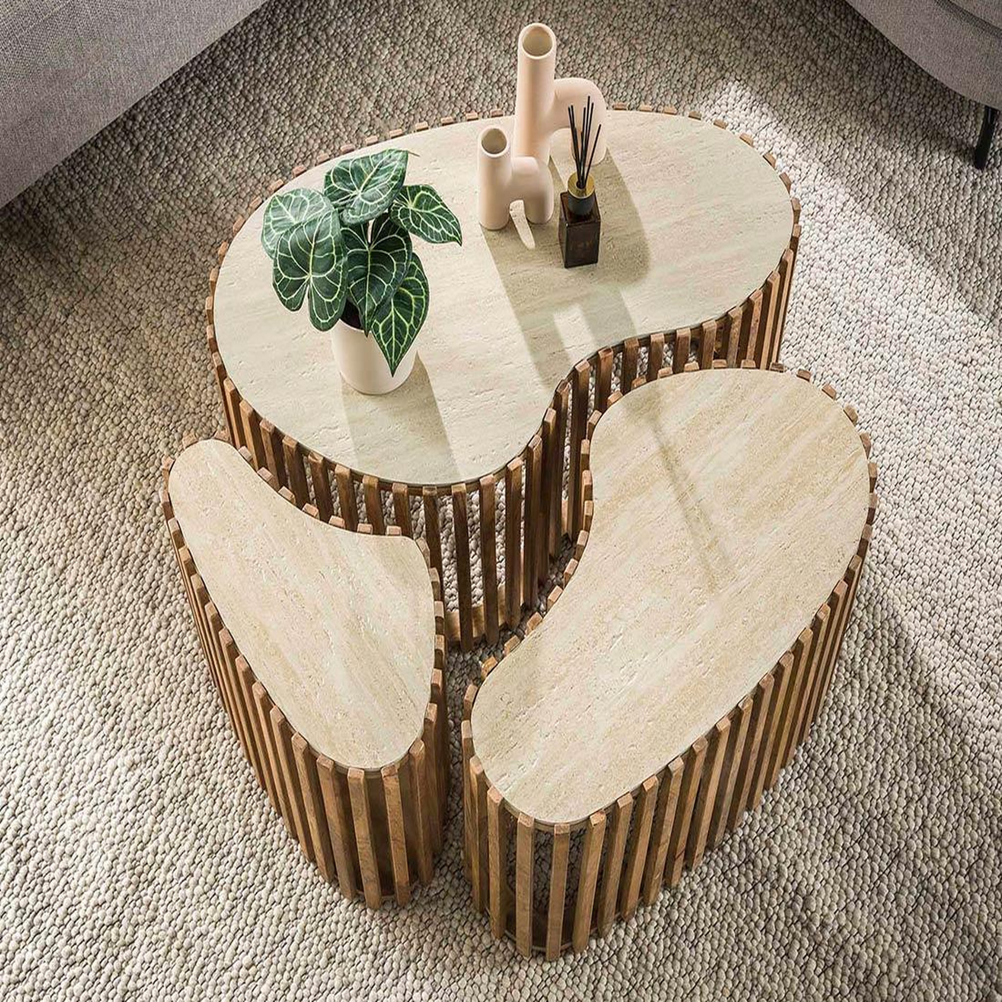 Voir la diapositive 3 : BEST MOBILIER Jade - lot de 3 tables basses gigognes effet travertin - pieds en bois massif de manguier - 90, 70 et 50 cm