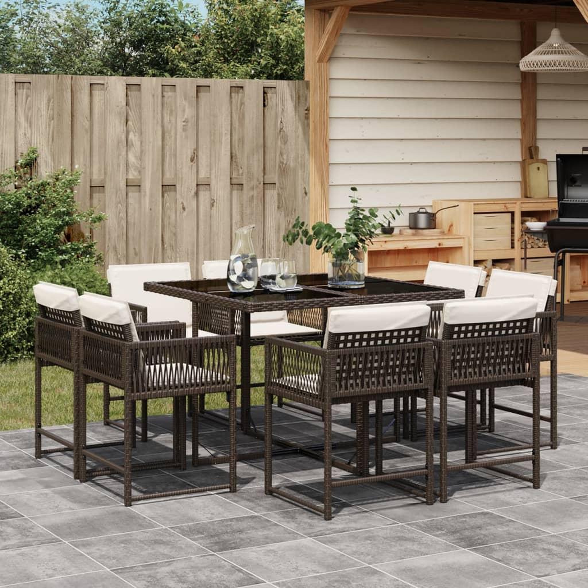 VIDAXL Ensemble a manger de jardin et coussins 9 pcs marron poly rotin