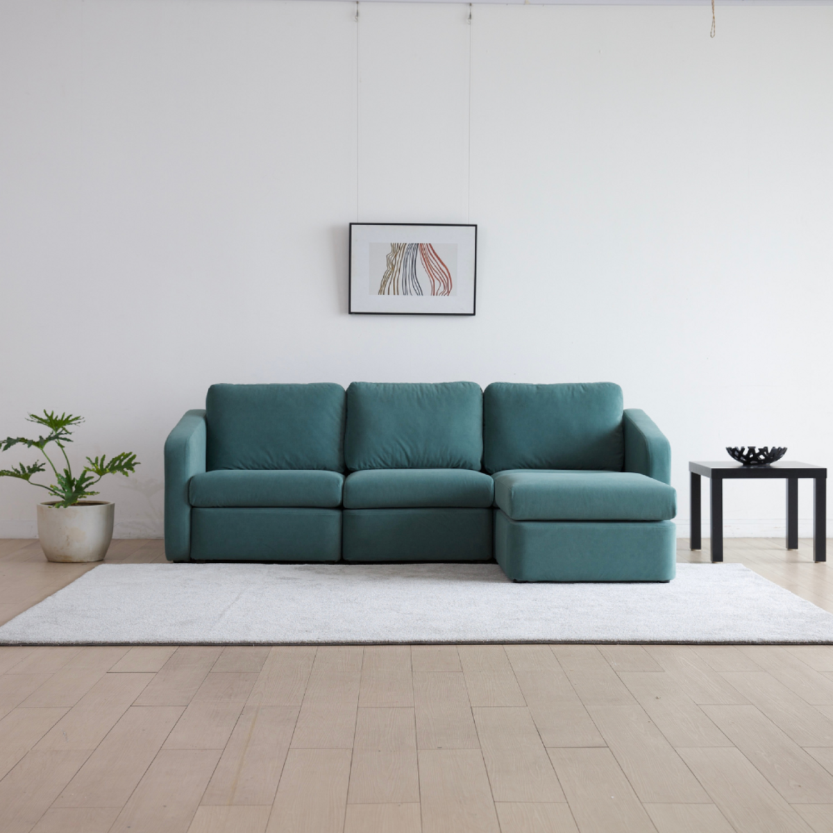 CONCEPT USINE Canapé modulable 3 places bleu avec pouf KONEKT