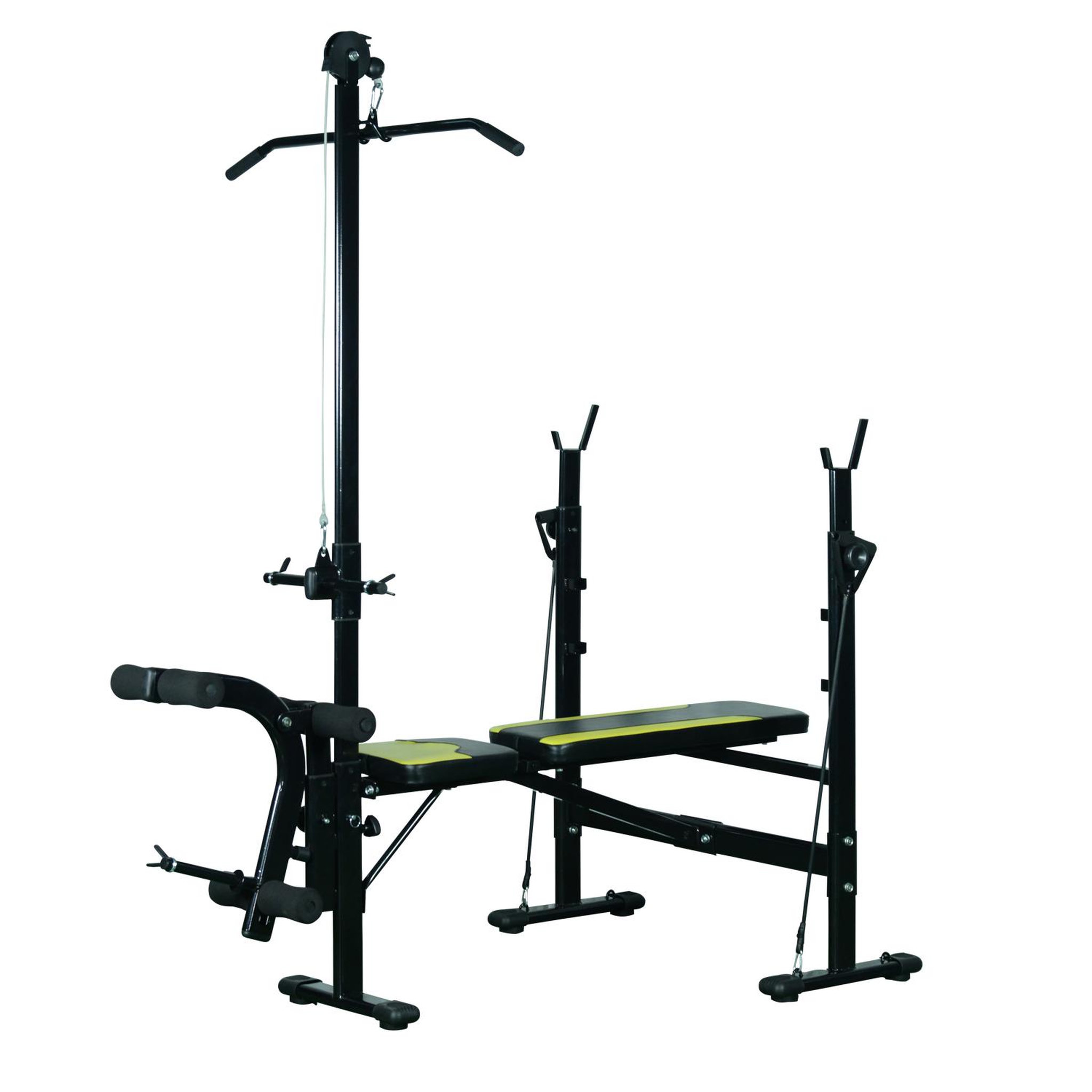 Voir la diapositive 4 : HOMCOM Banc de musculation fitness entrainement complet dossier réglable cordes traction curler supports barre et haltères noir et jaune