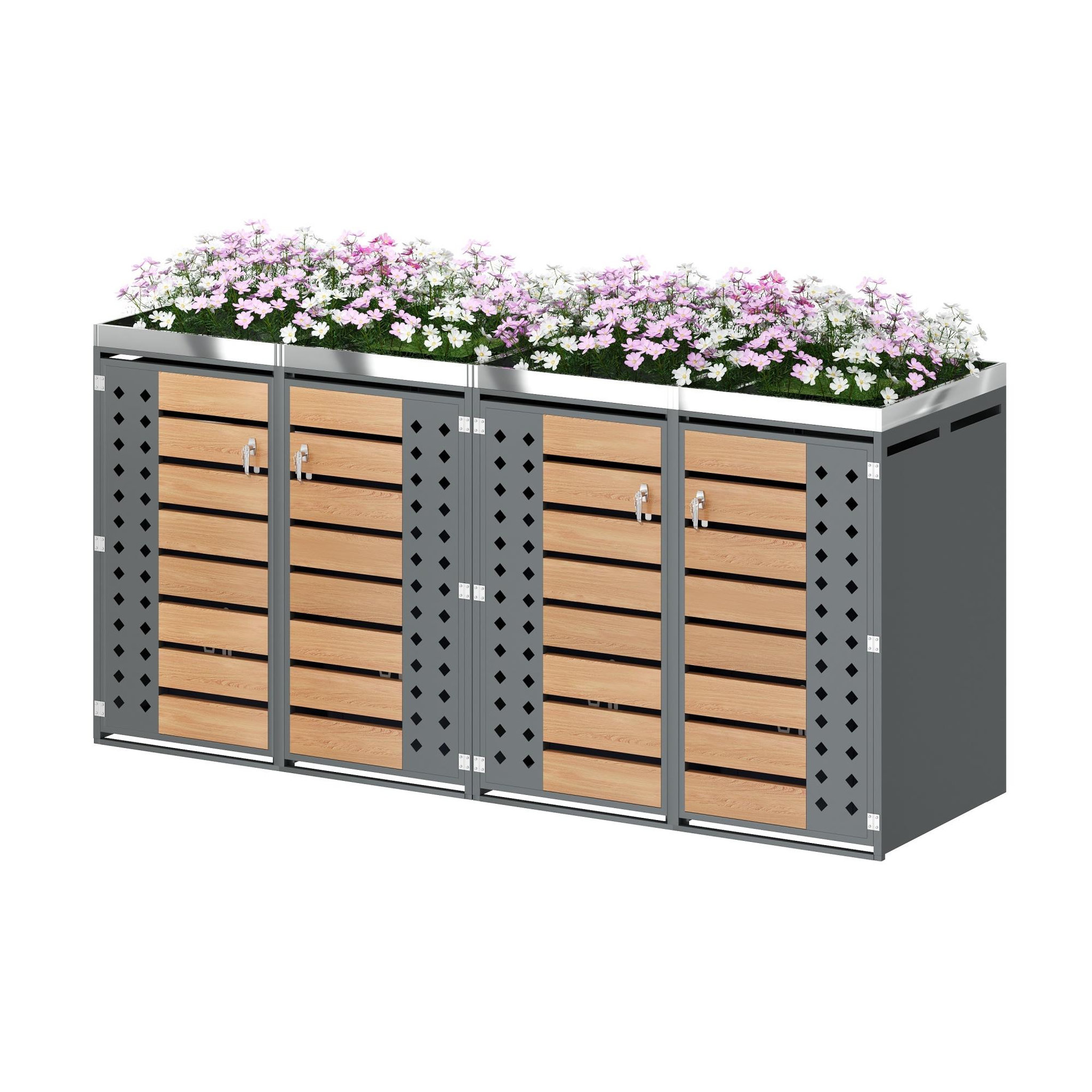 MERAX Cache Poubelle Extérieur Lot de 2 avec Verrouillage et Jardinière, Gris