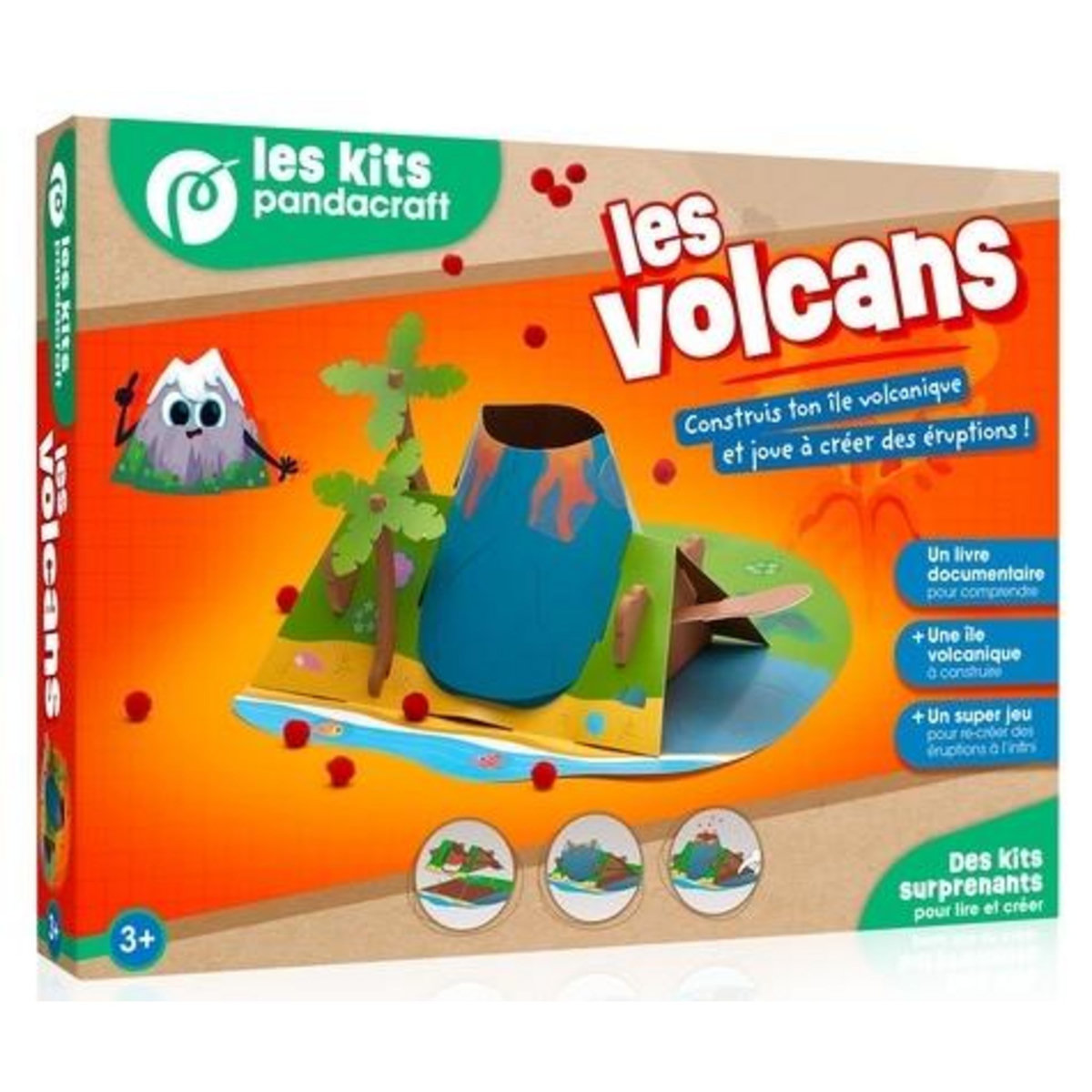 LES VOLCANS DES 3 ANS. COFFRET AVEC 1 LIVRE DOCUMENTAIRE, 1 ILE VOLCANIQUE A CONSTRUIRE ET 1 SUPER JEU POUR RE-CREER DES ERUPTIONS A L'INFINI, Pandacraft
