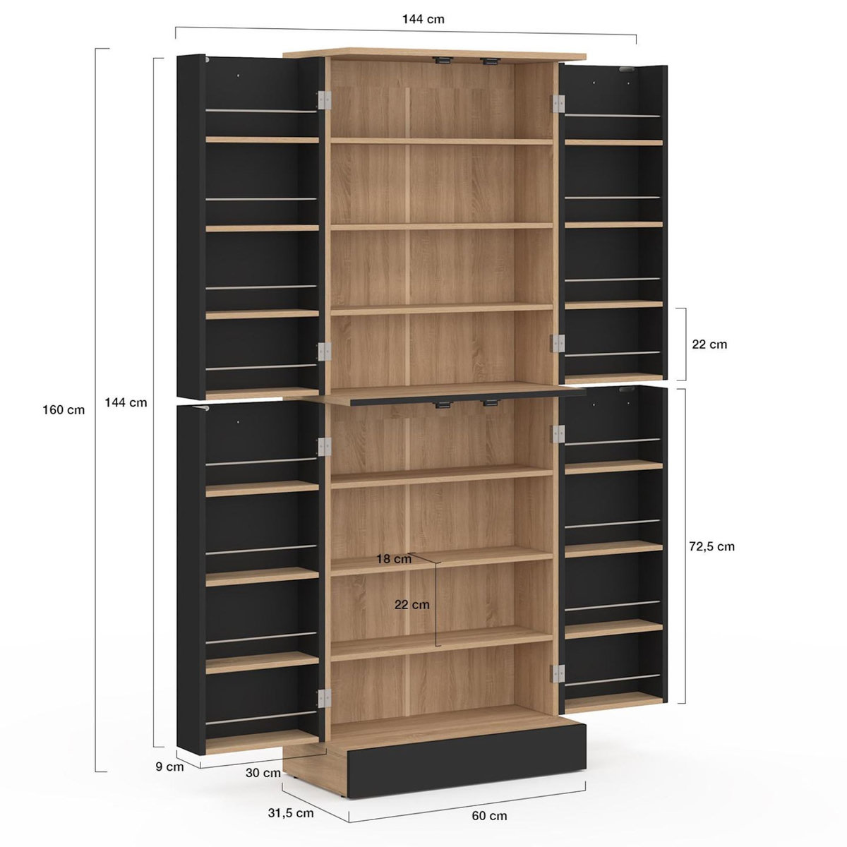 ID MARKET Buffet haut armoire de cuisine H.160 cm ALTO 4 portes avec rangements façon hêtre et noir