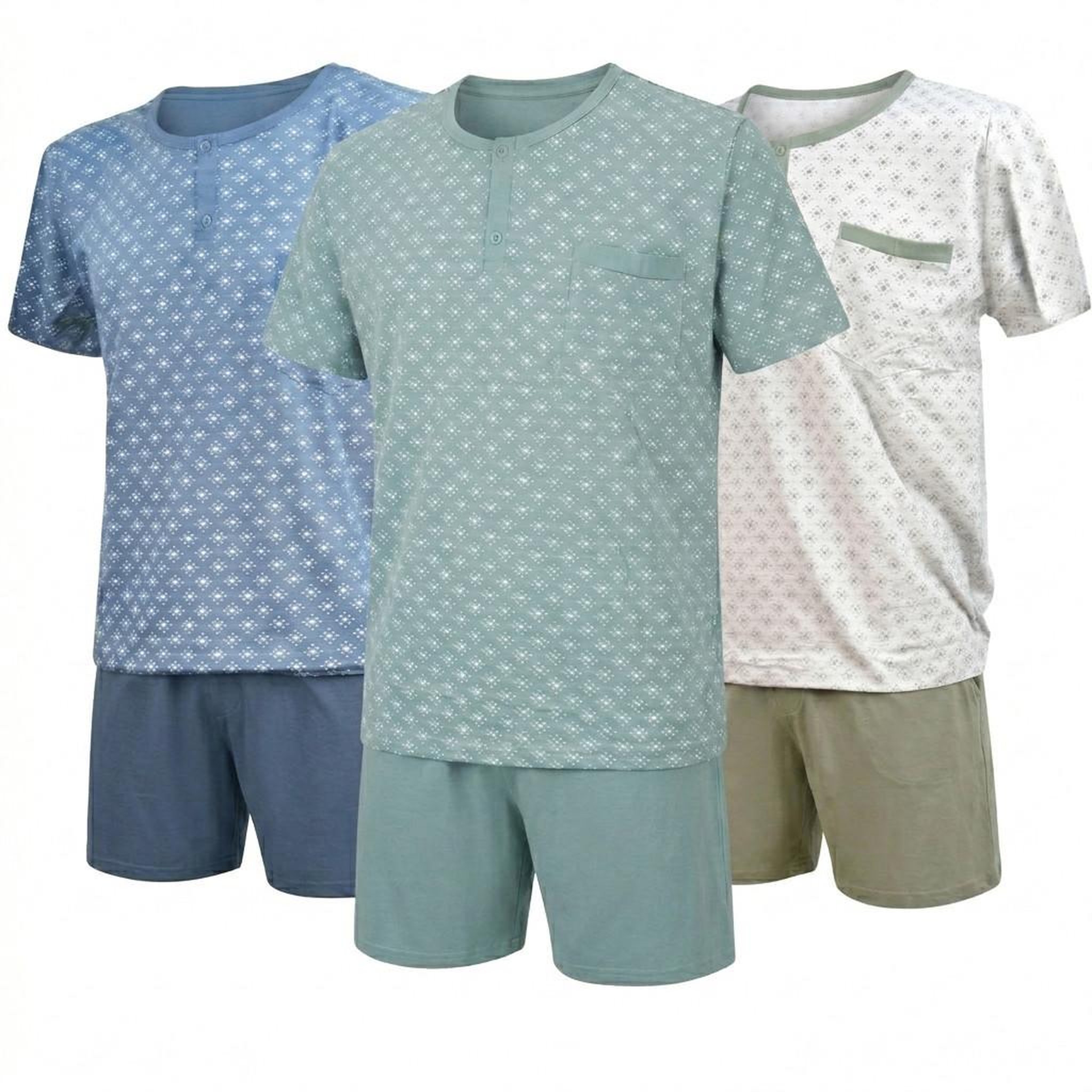 Voir la diapositive 1 : OZABI OZABI Pack 3 Pyjamas Courts Homme Coton Majoritaire, Col Bouton