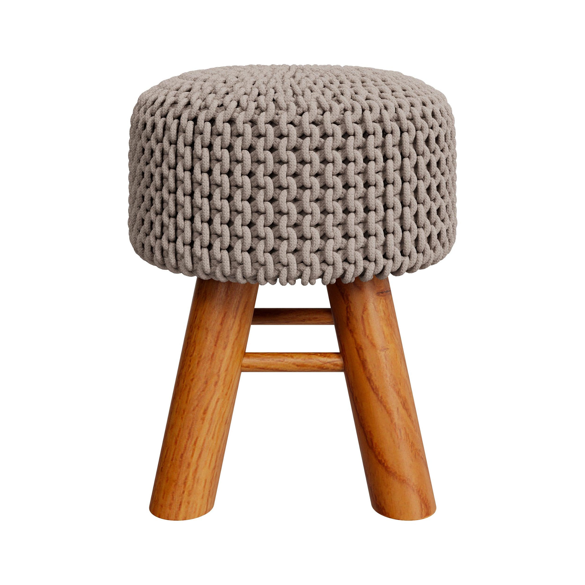 Voir la diapositive 3 : MAISON PAVANE Petit tabouret rond en tricot coton gris clair et pieds en bois-lisa