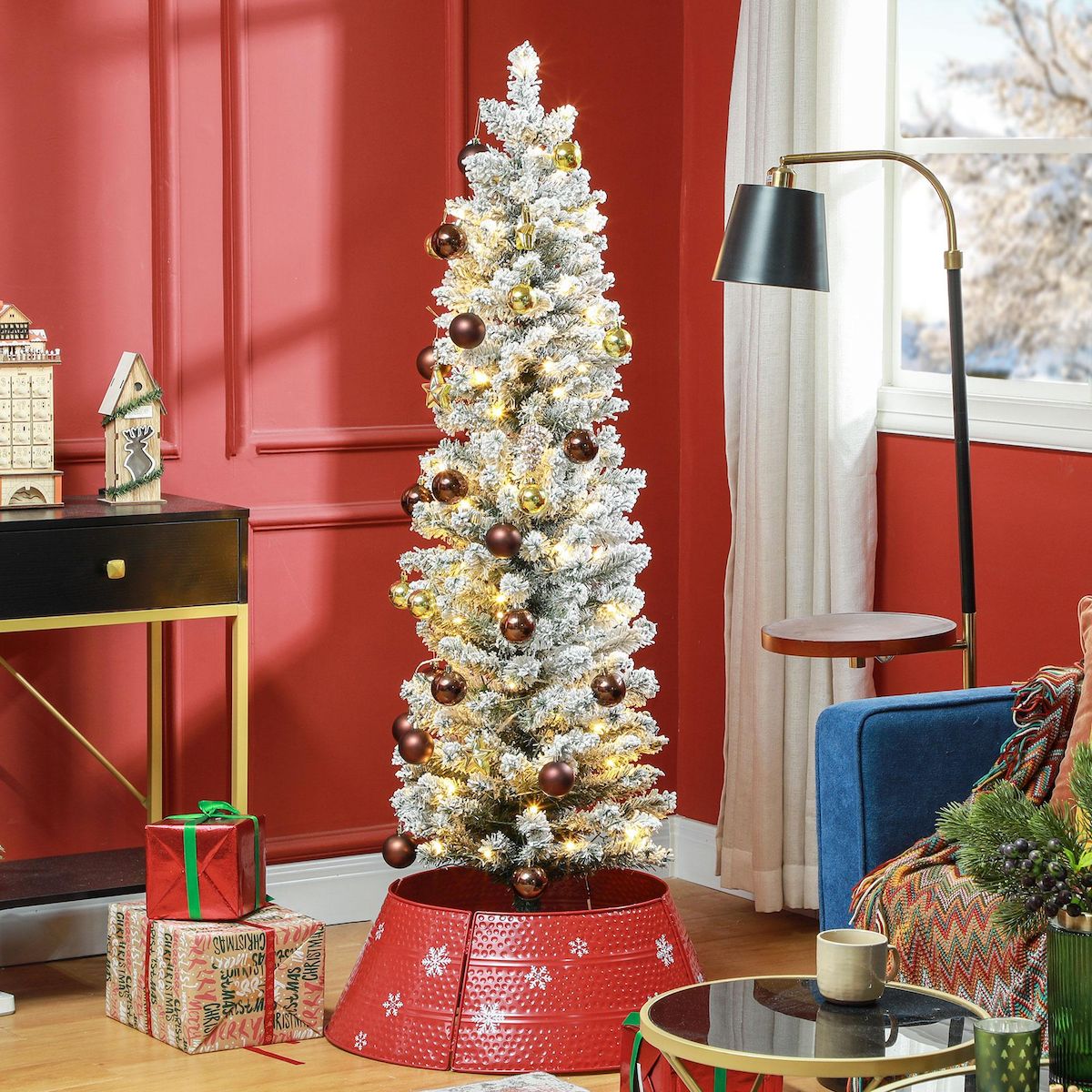 HOMCOM Sapin de Noël artificiel LED H.150 cm - sapin de Noël mince enneigé - 263 branches 120 LED blanc chaud