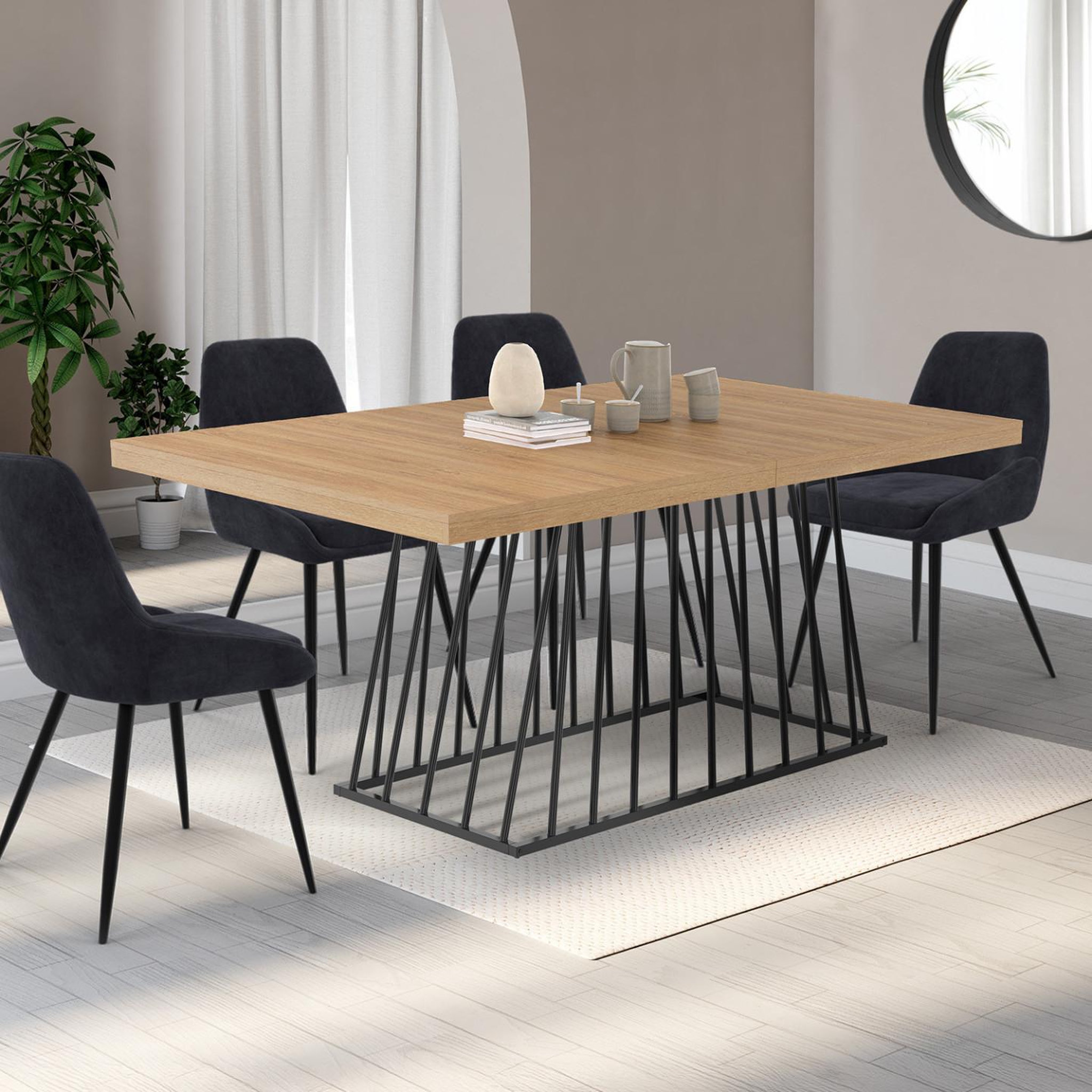 Voir la diapositive 4 : ID MARKET Table à manger extensible rectangle yuna 6-10 personnes plateau bois et pied filaire en métal noir 160 - 200 cm