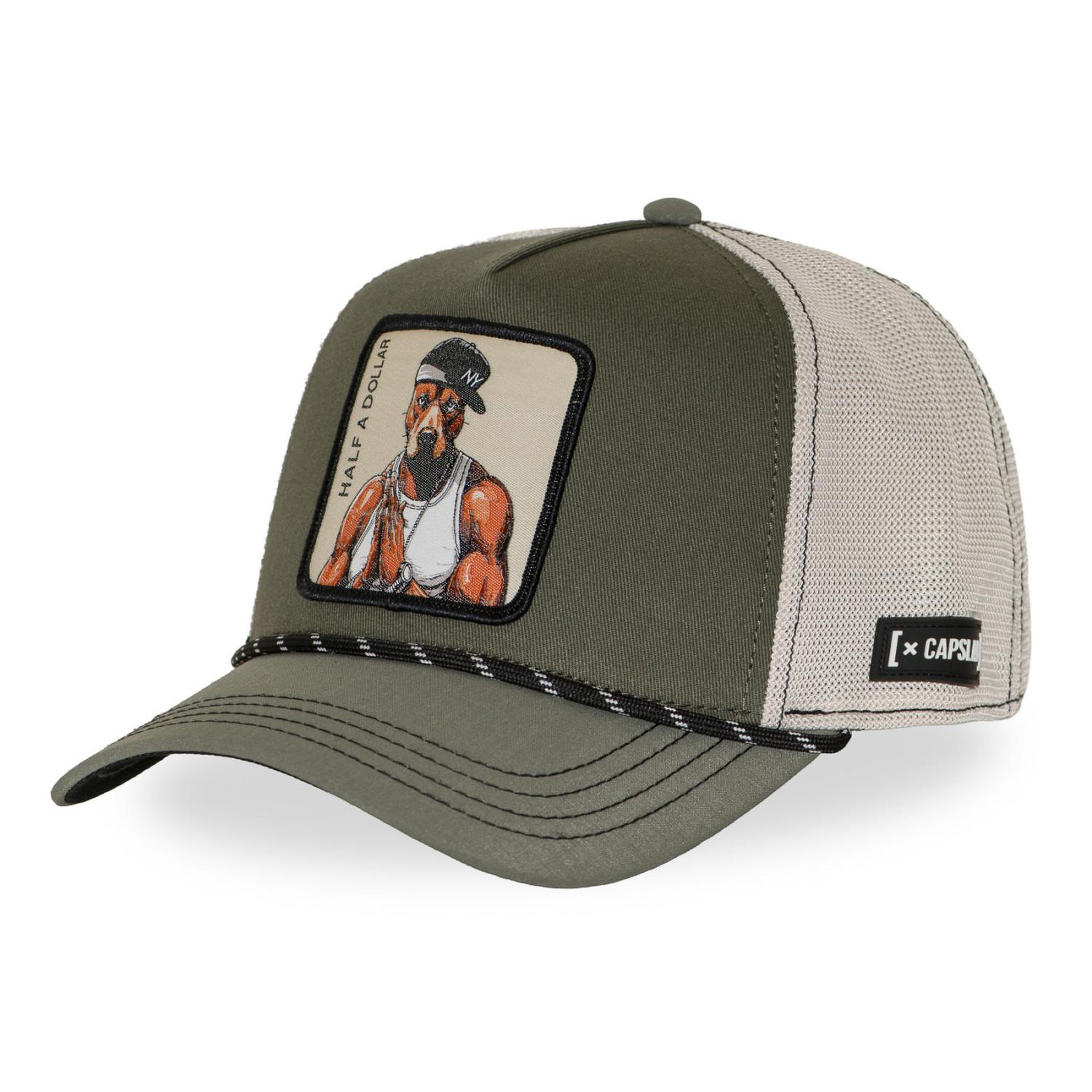 CAPSLAB Casquette trucker premium avec filet et patch half a dollar. Coloris disponibles : Vert
