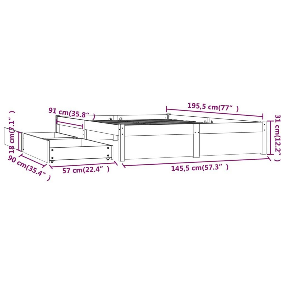 VIDAXL Cadre de lit sans matelas avec tiroirs blanc