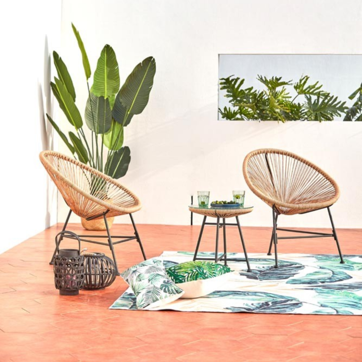 CONCEPT USINE Salon de jardin 2 fauteuils ronds et table basse naturel ACAPULCO